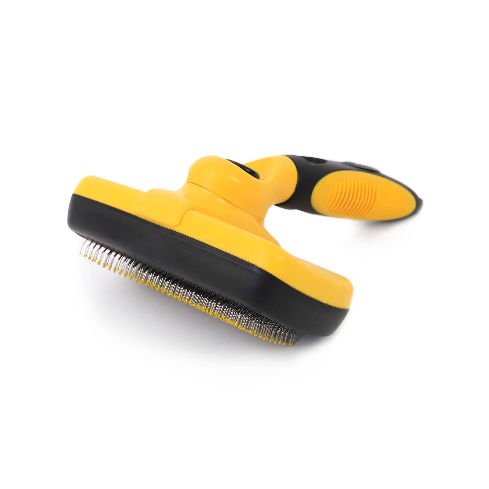 lionto Katzenbürste mit Knopfreinigung, Fellpflegebürste mit abgerundeten Edelstahlborsten, ergonomisch & hautschonend, gelb/schwarz