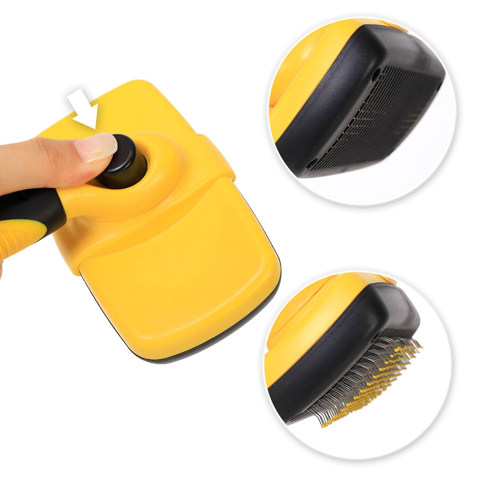 lionto Katzenbürste mit Knopfreinigung, Fellpflegebürste mit abgerundeten Edelstahlborsten, ergonomisch & hautschonend, gelb/schwarz