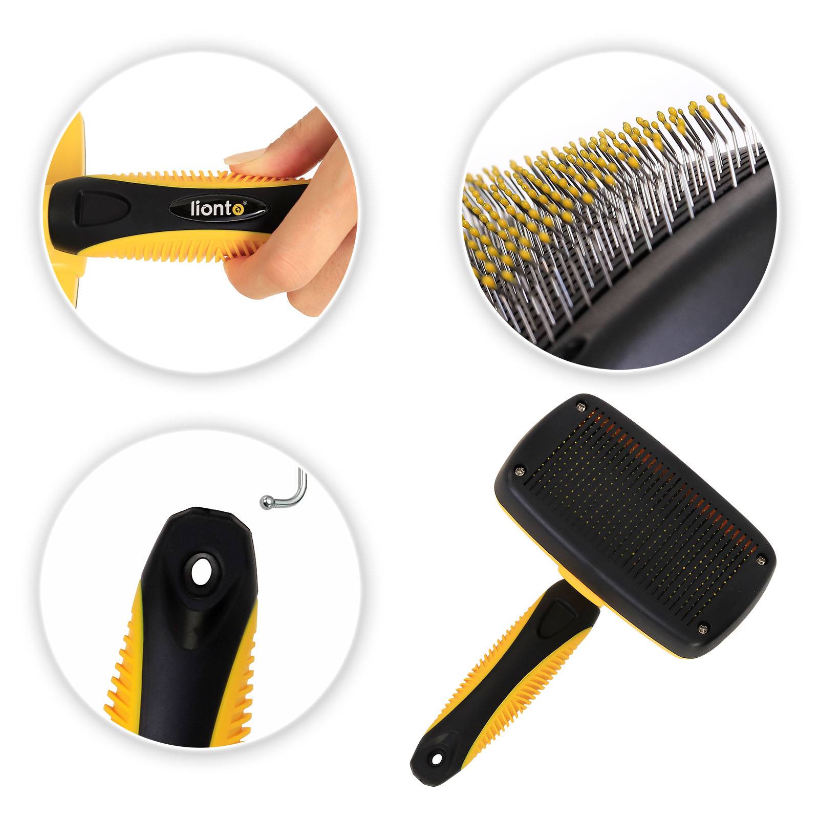 lionto Katzenbürste mit Knopfreinigung, Fellpflegebürste mit abgerundeten Edelstahlborsten, ergonomisch & hautschonend, gelb/schwarz