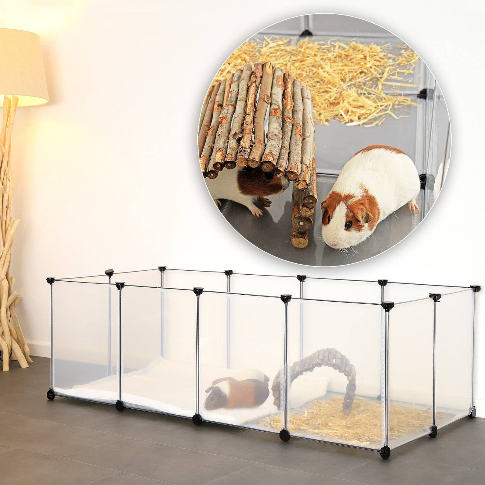 lionto Steckgehege für Nager, flexibles Kunststoffgehege mit Bodenplatten, pflegeleicht, erweiterbar & sicher, 145x74x47 cm