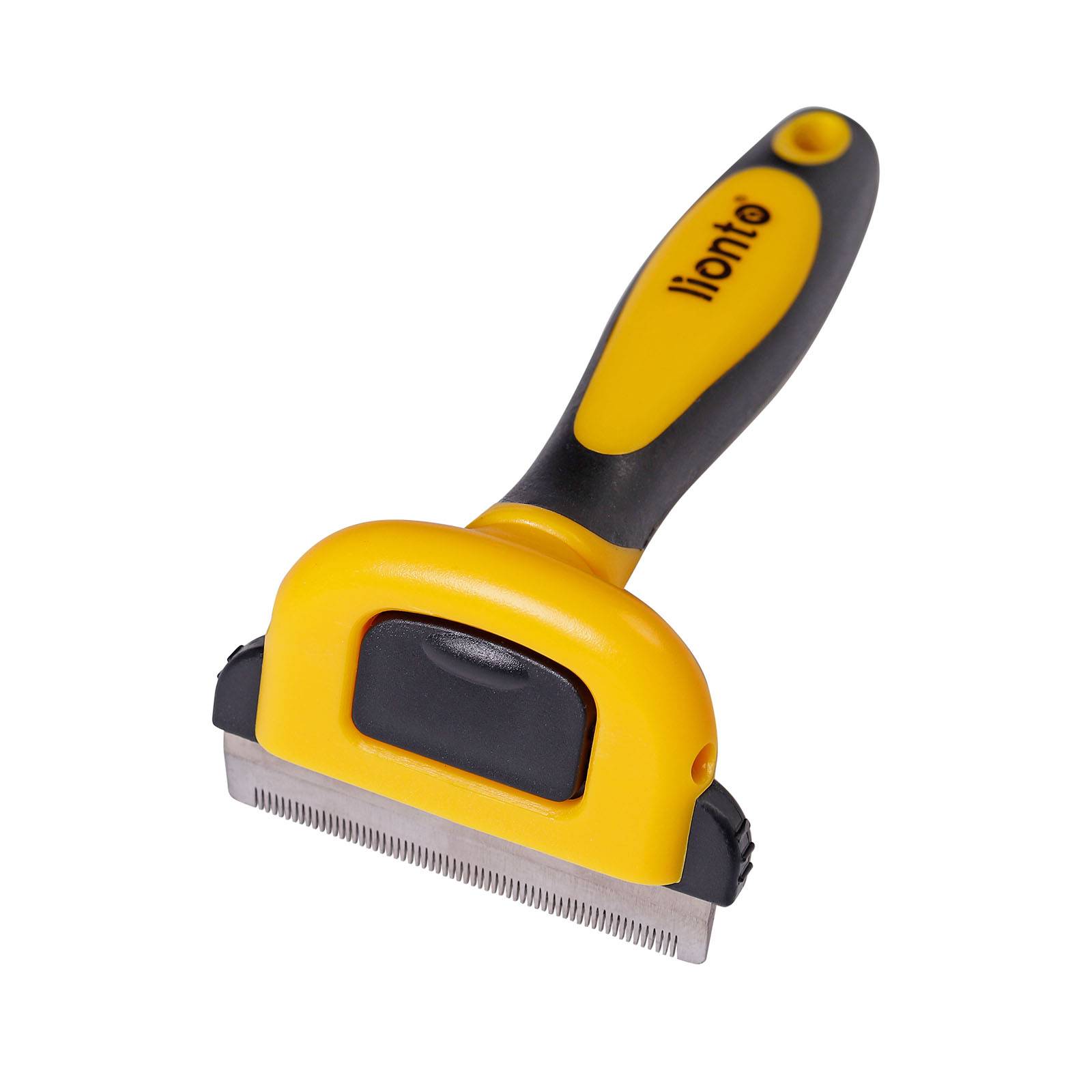 lionto Unterwollbürste, Edelstahl-Fellbürste mit Knopfreinigung, ergonomisch & hautschonend, für alle Felltypen, gelb/schwarz