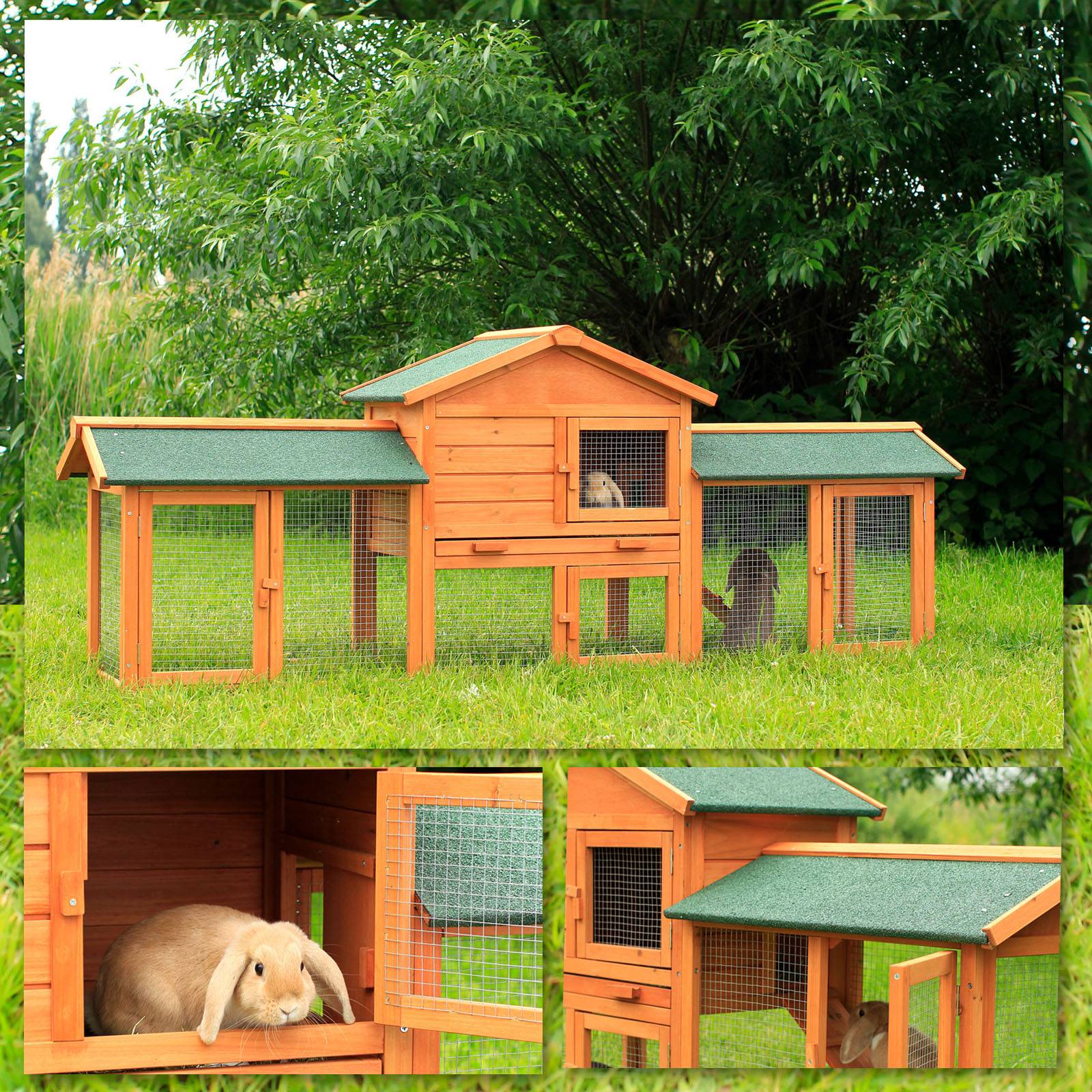 lionto Kaninchenstall, großer Doppelstock-Kleintierstall aus Holz mit Rampe, Schublade & Bitumendach, wetterfest & sicher, 212x52x85 cm