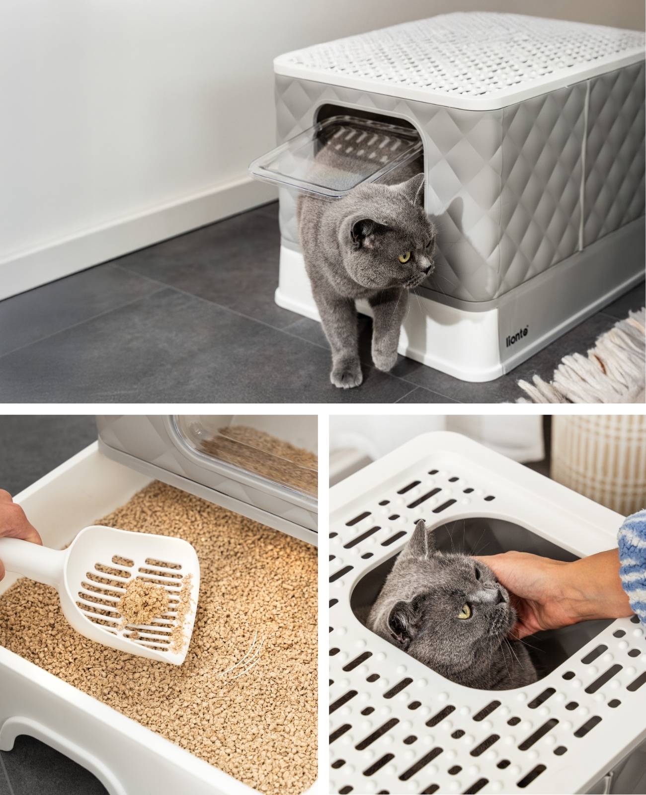 lionto Katzentoilette, hygienisches Katzenklo mit Schublade & Anti-Streu-Gitter, auslaufsicher & platzsparend, hellgrau