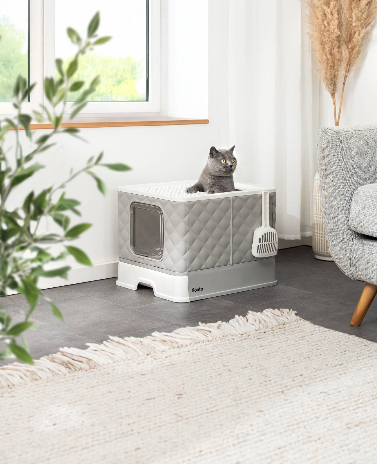 lionto Katzentoilette, hygienisches Katzenklo mit Schublade & Anti-Streu-Gitter, auslaufsicher & platzsparend, hellgrau
