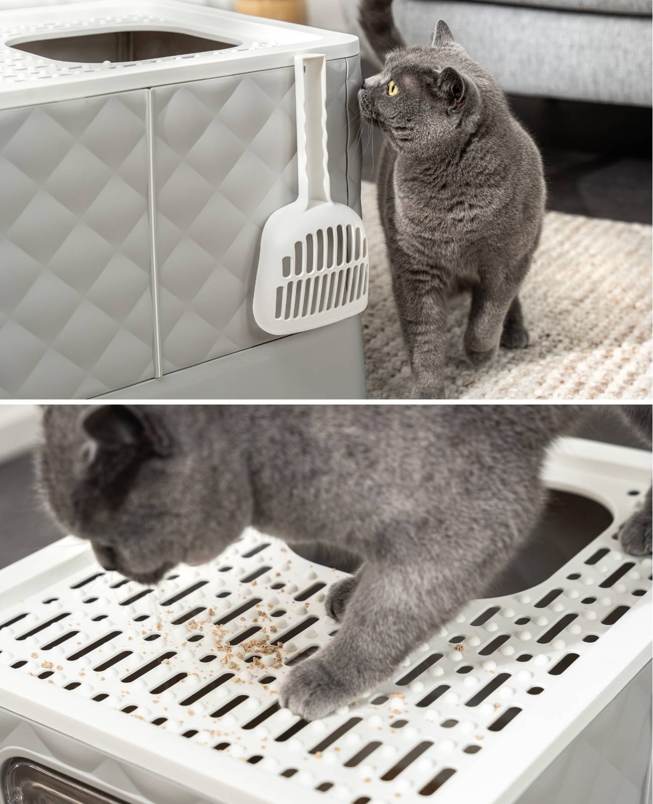 lionto Katzentoilette, hygienisches Katzenklo mit Schublade & Anti-Streu-Gitter, auslaufsicher & platzsparend, hellgrau