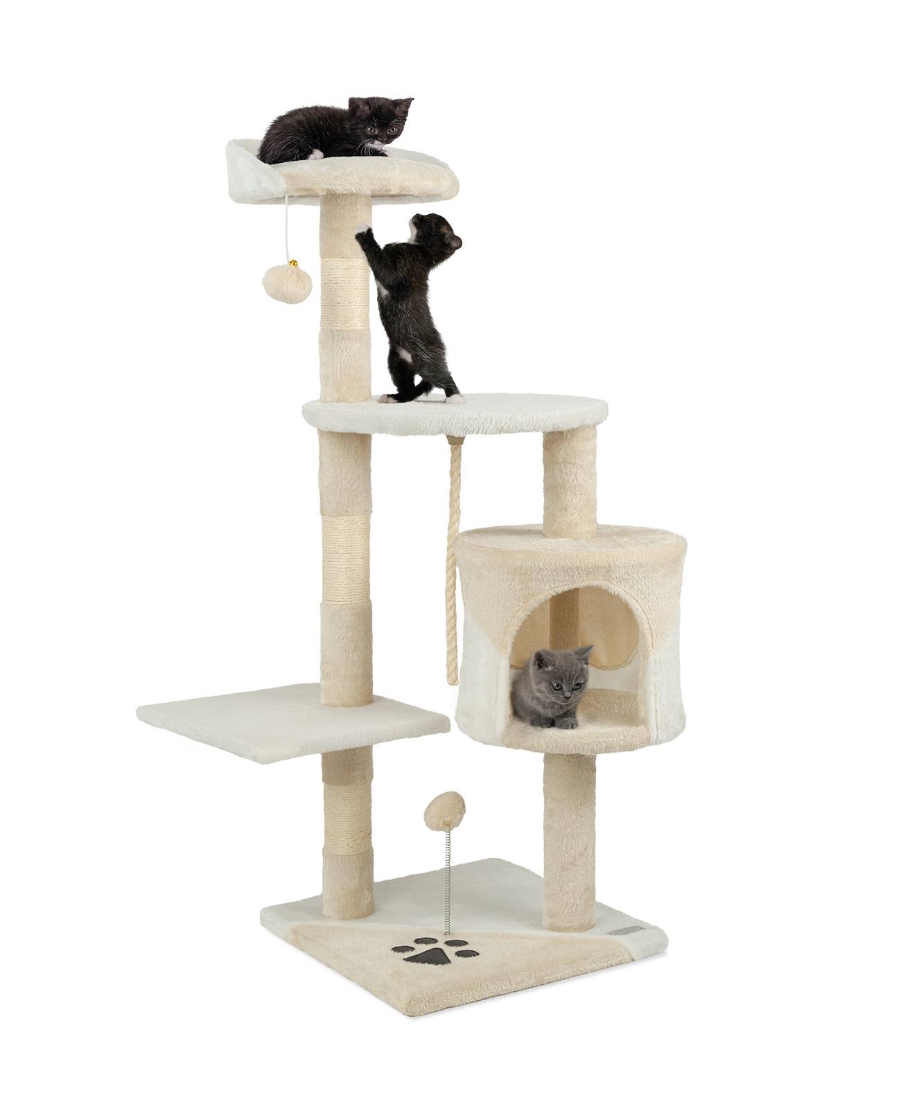 lionto Kratzbaum für Katzen 112 cm hoch, mit Höhle, Sisalseil, Plüschbällen & Wandhalterung, kompakter Kletterbaum, beige/weiß