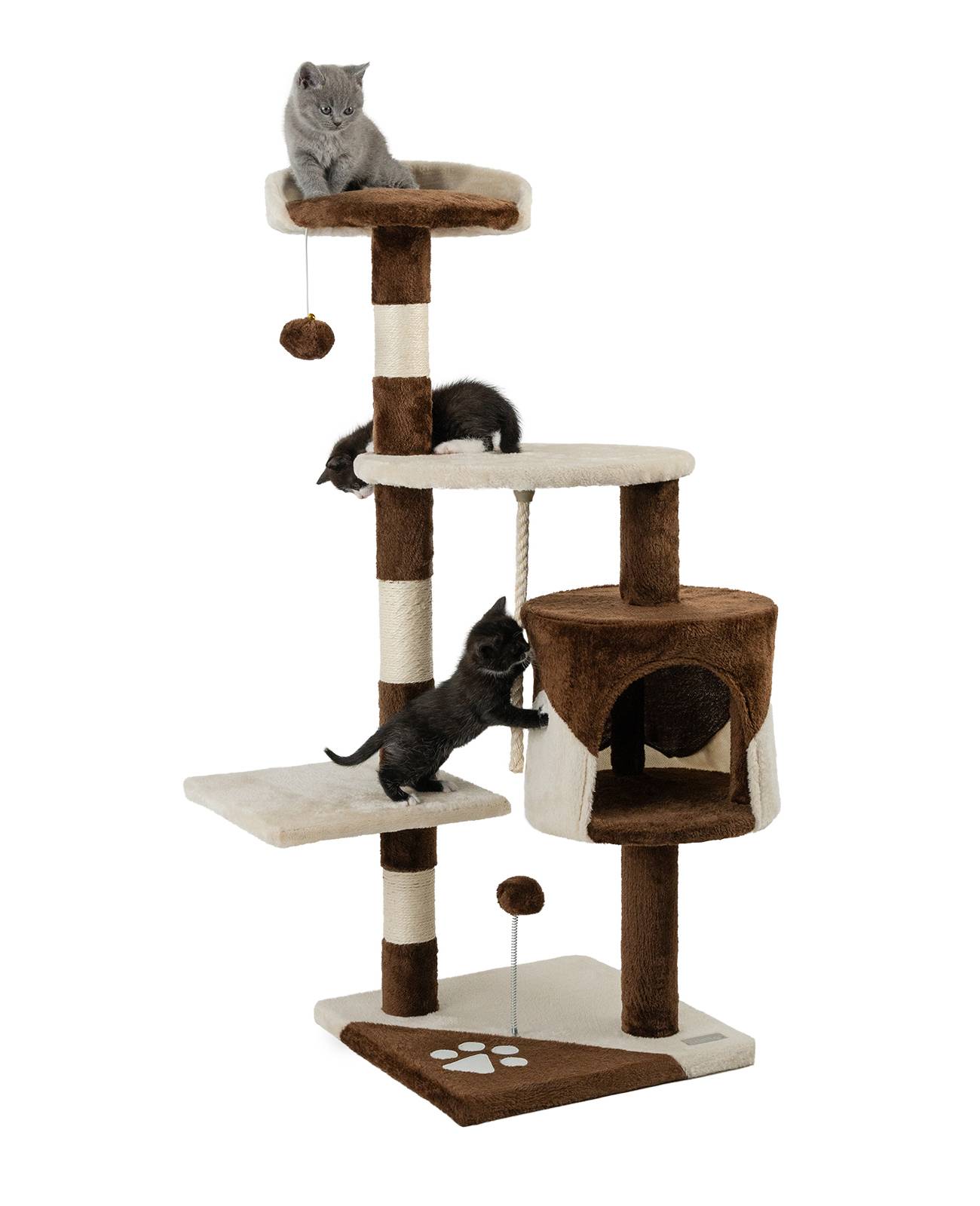 lionto Kratzbaum für Katzen 112 cm hoch, mit Höhle, Sisalseil, Plüschbällen & Wandhalterung, kompakter Kletterbaum, braun/beige