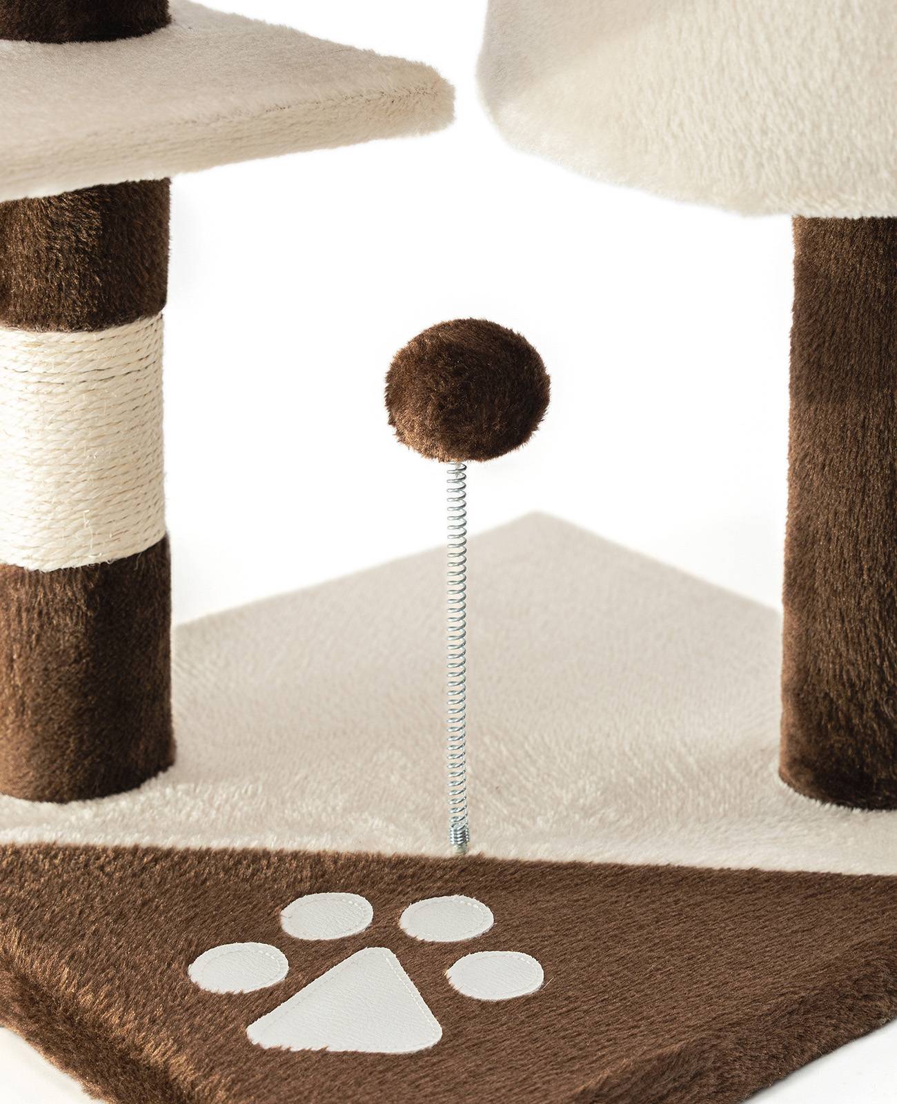 lionto Kratzbaum für Katzen 112 cm hoch, mit Höhle, Sisalseil, Plüschbällen & Wandhalterung, kompakter Kletterbaum, braun/beige