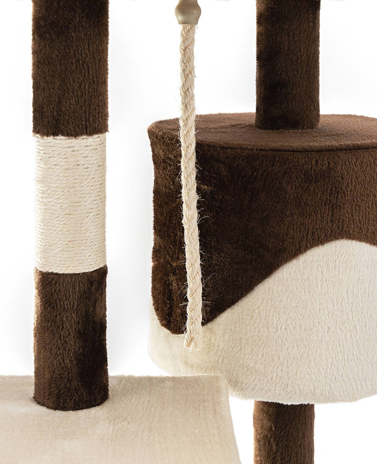 lionto Kratzbaum für Katzen 112 cm hoch, mit Höhle, Sisalseil, Plüschbällen & Wandhalterung, kompakter Kletterbaum, braun/beige