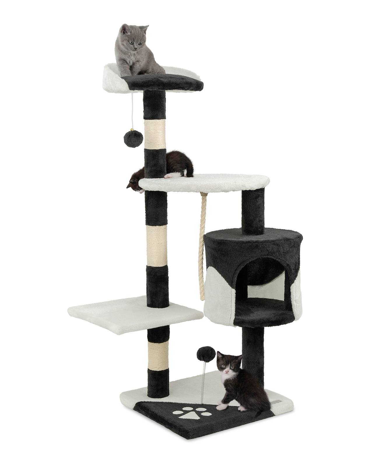 lionto Kratzbaum für Katzen 112 cm hoch, mit Höhle, Sisalseil, Plüschbällen & Wandhalterung, kompakter Kletterbaum, schwarz/weiß