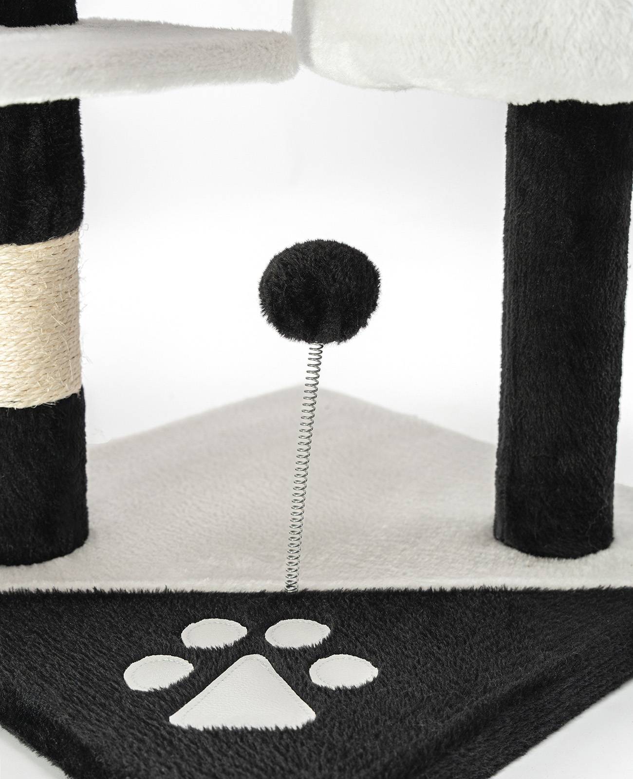 lionto Kratzbaum für Katzen 112 cm hoch, mit Höhle, Sisalseil, Plüschbällen & Wandhalterung, kompakter Kletterbaum, schwarz/weiß