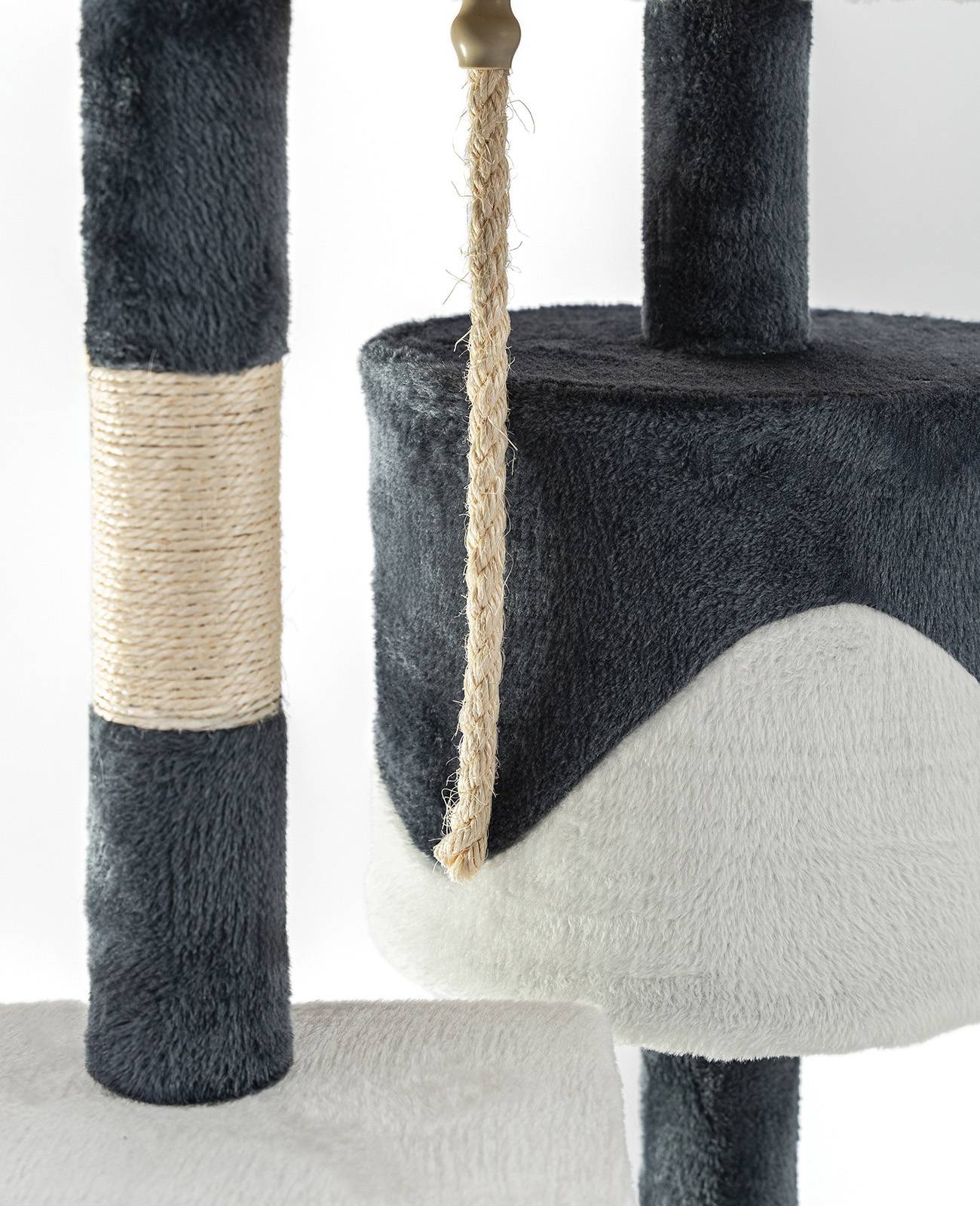 lionto Kratzbaum für Katzen 112 cm hoch, mit Höhle, Sisalseil, Plüschbällen & Wandhalterung, kompakter Kletterbaum, grau/weiß