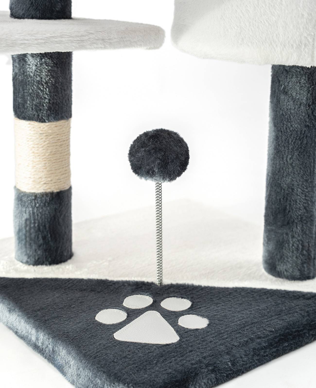 lionto Kratzbaum für Katzen 112 cm hoch, mit Höhle, Sisalseil, Plüschbällen & Wandhalterung, kompakter Kletterbaum, grau/weiß