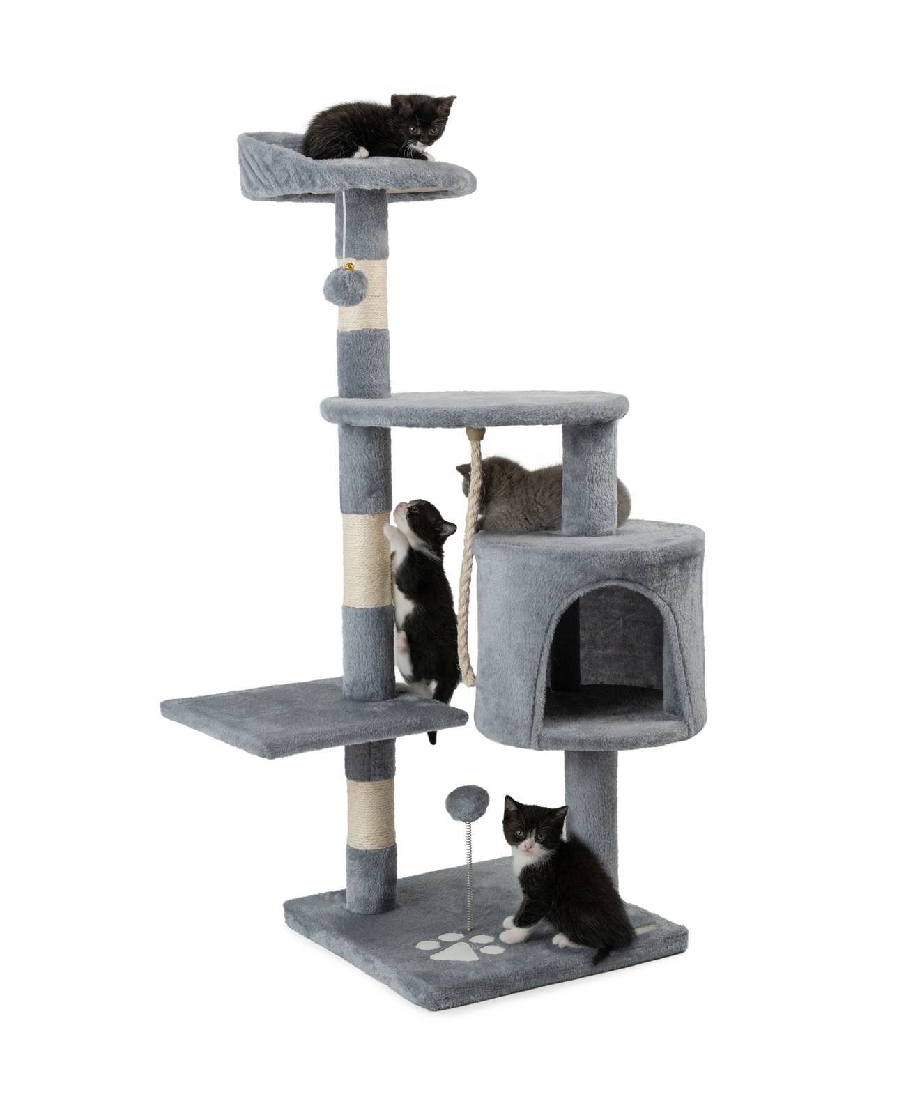 lionto Kratzbaum für Katzen 112 cm hoch, mit Höhle, Sisalseil, Plüschbällen & Wandhalterung, kompakter Kletterbaum, hellgrau