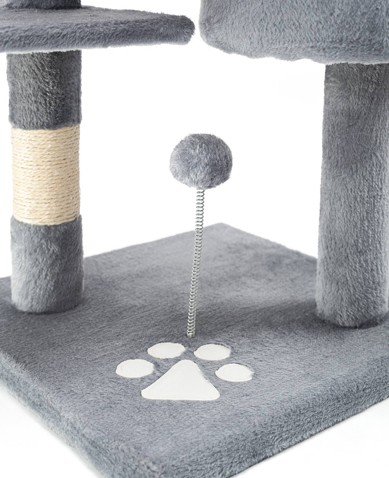 lionto Kratzbaum für Katzen 112 cm hoch, mit Höhle, Sisalseil, Plüschbällen & Wandhalterung, kompakter Kletterbaum, hellgrau