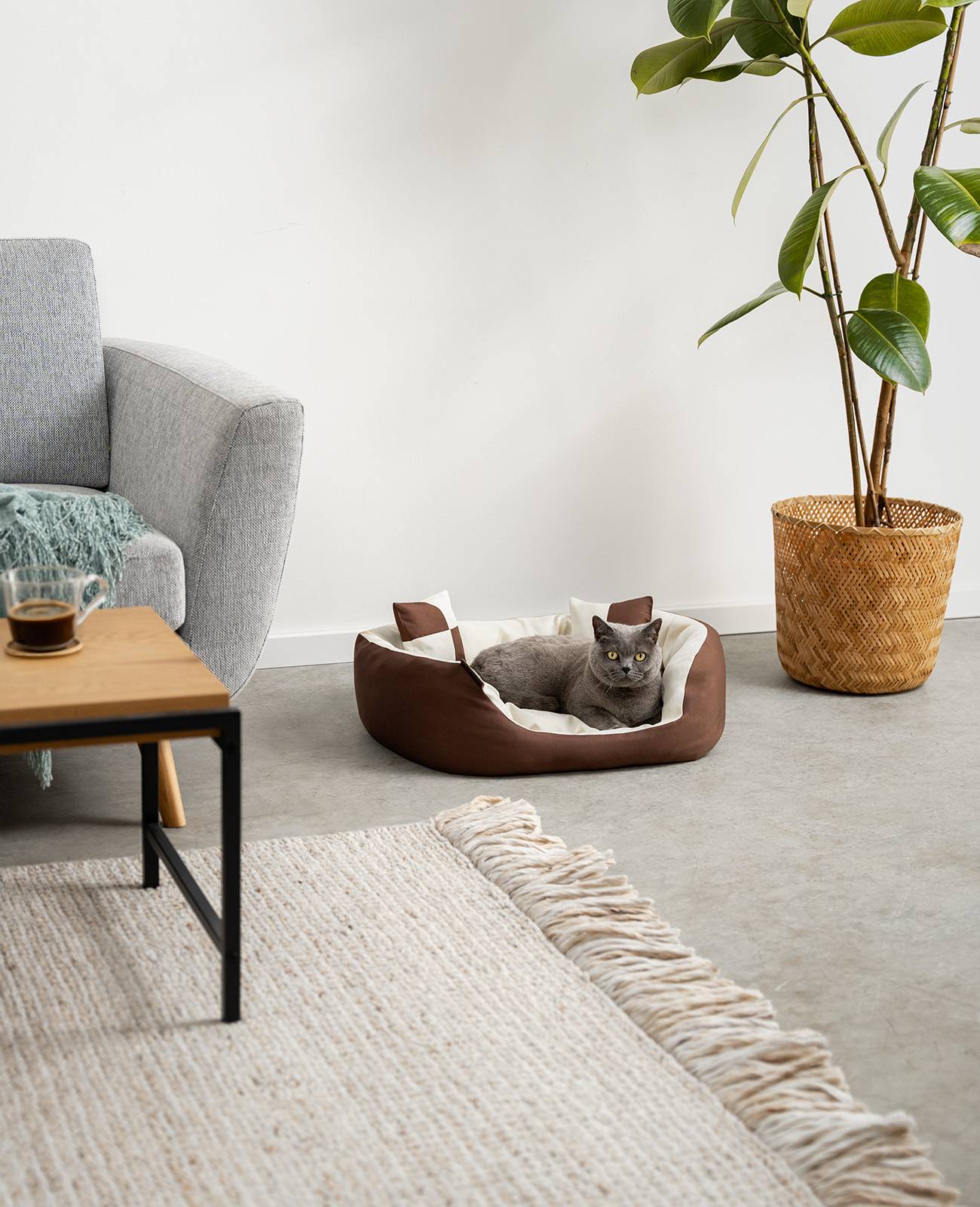 lionto Hundebett, stilvolles 4-in-1 Hundekörbchen, wasserabweisend, kratzfest & pflegeleicht, 65x50 cm, braun/beige