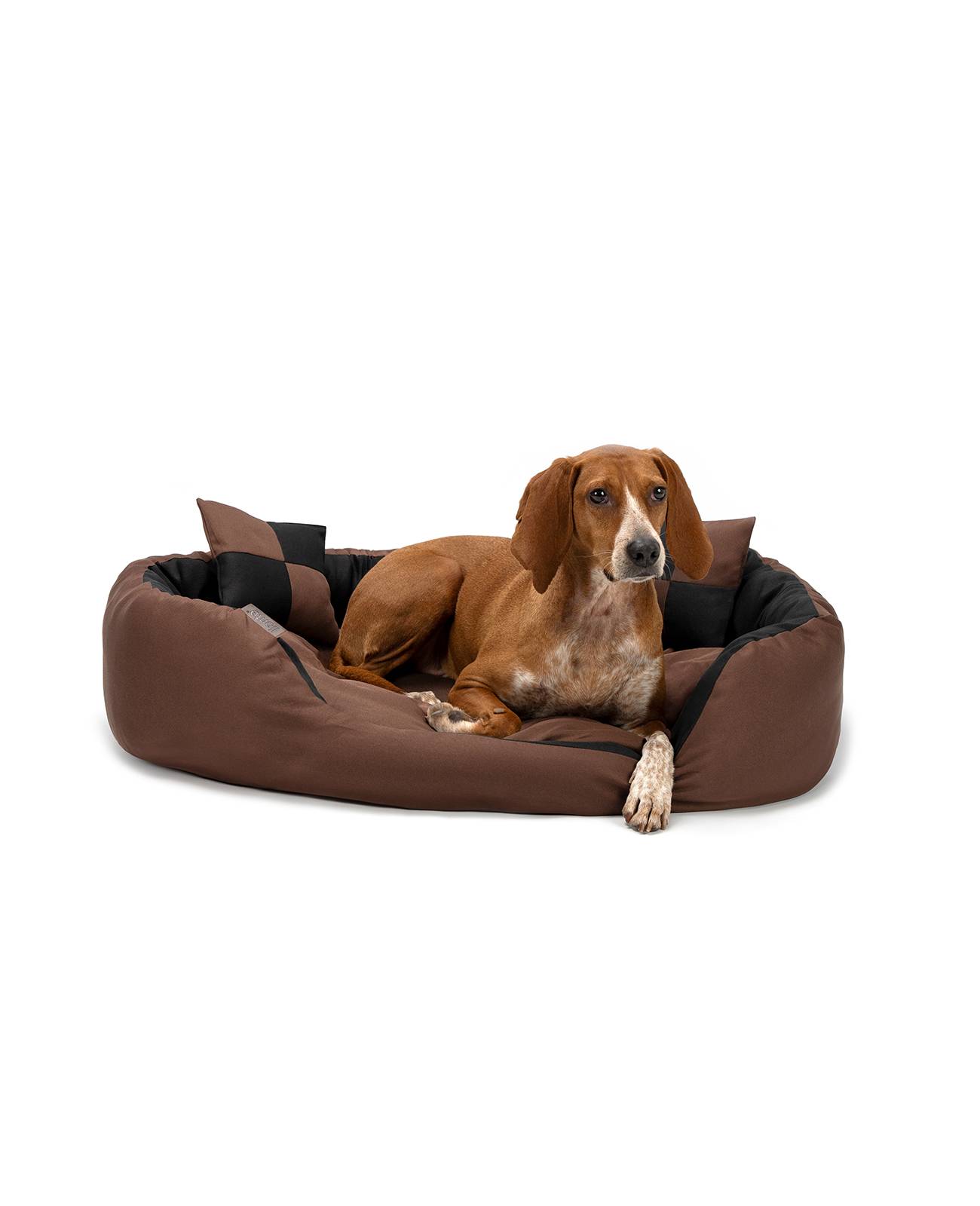 lionto Hundebett, stilvolles 4-in-1 Hundekörbchen, wasserabweisend, kratzfest & pflegeleicht, 85x70 cm, schwarz/braun