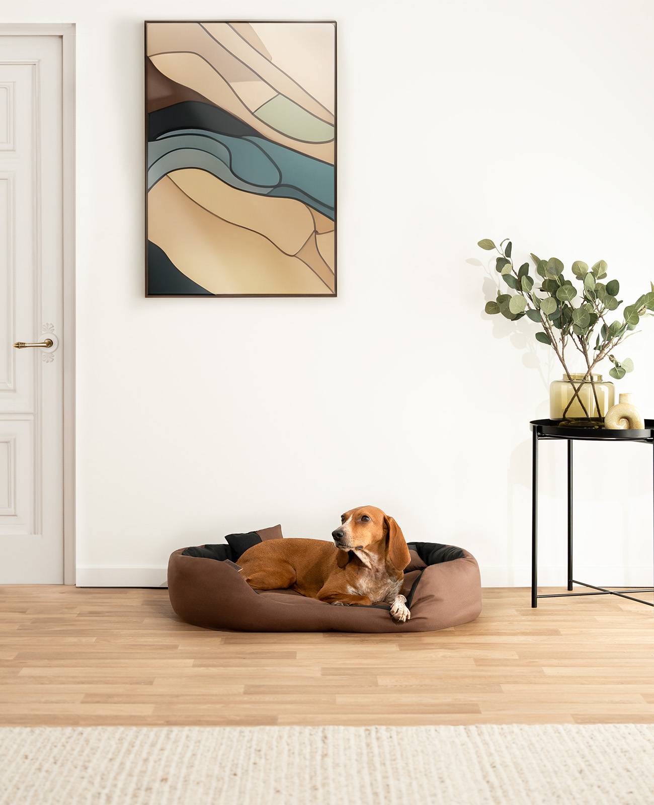 lionto Hundebett, stilvolles 4-in-1 Hundekörbchen, wasserabweisend, kratzfest & pflegeleicht, 85x70 cm, schwarz/braun