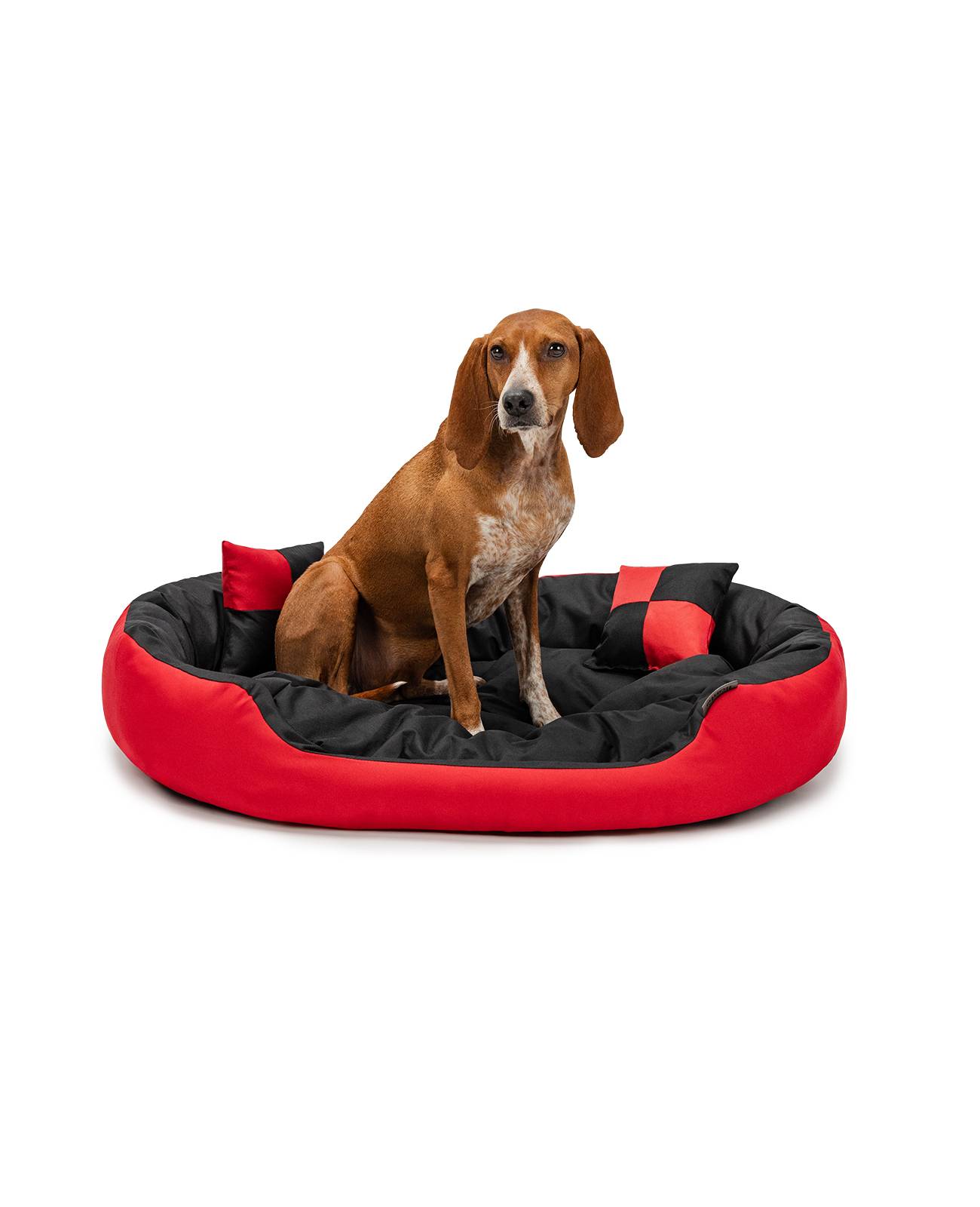 lionto Hundebett, stilvolles 4-in-1 Hundekörbchen, wasserabweisend, kratzfest & pflegeleicht, 85x70 cm, rot/schwarz