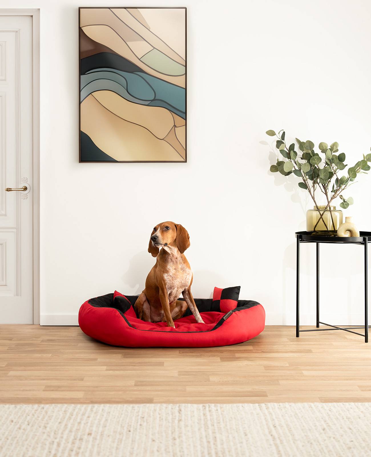 lionto Hundebett, stilvolles 4-in-1 Hundekörbchen, wasserabweisend, kratzfest & pflegeleicht, 85x70 cm, rot/schwarz