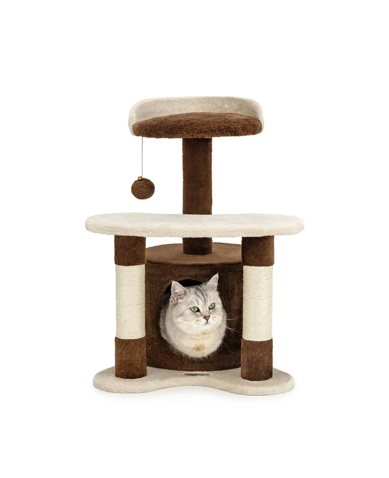 lionto Kratz- & Spielbaum, 65 cm stabiler Katzenbaum mit Sisalstämmen, Plüschhöhle & Spielball, ideal für kleine Katzen, braun/beige