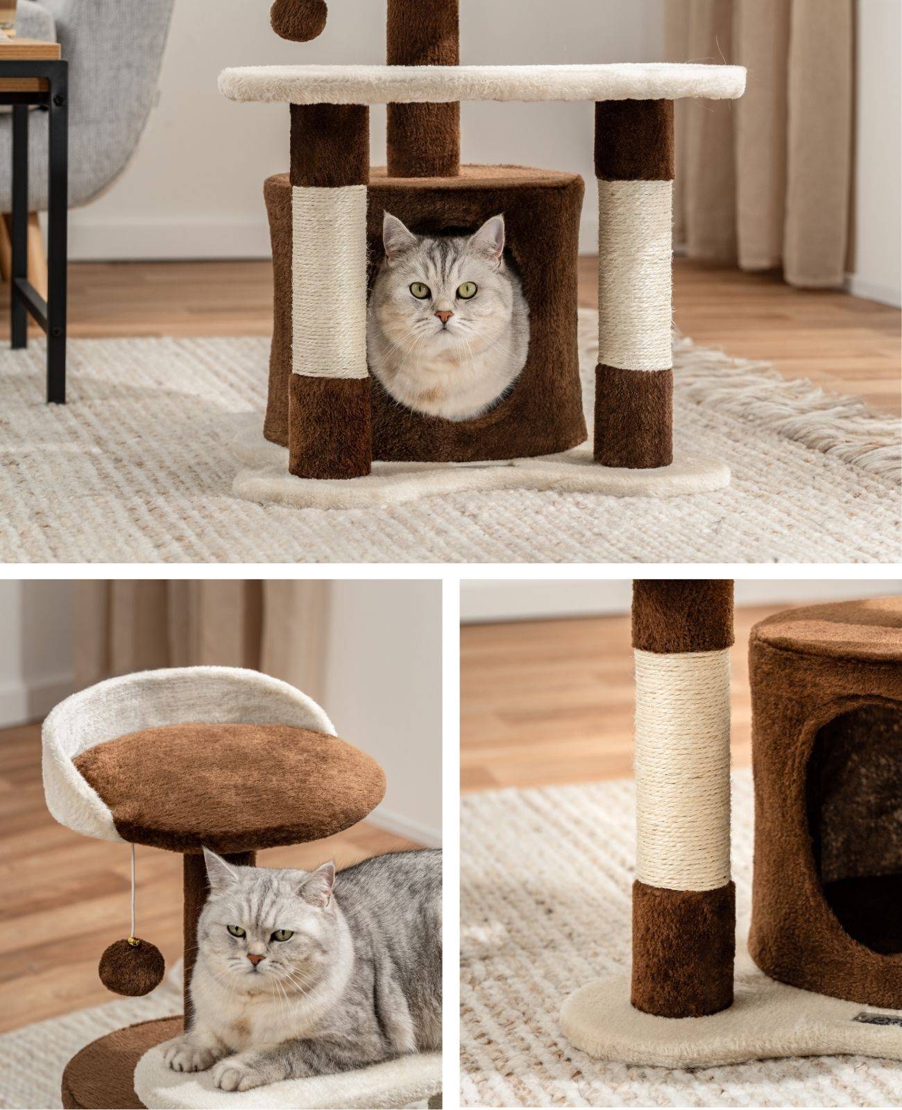 lionto Kratz- & Spielbaum, 65 cm stabiler Katzenbaum mit Sisalstämmen, Plüschhöhle & Spielball, ideal für kleine Katzen, braun/beige