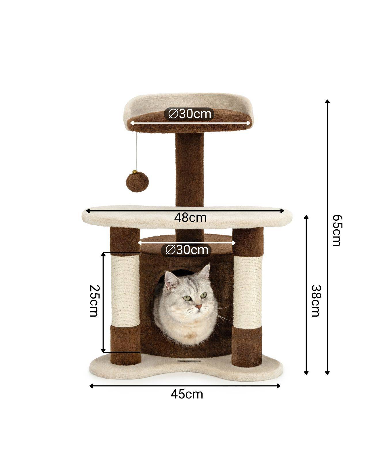 lionto Kratz- & Spielbaum, 65 cm stabiler Katzenbaum mit Sisalstämmen, Plüschhöhle & Spielball, ideal für kleine Katzen, braun/beige