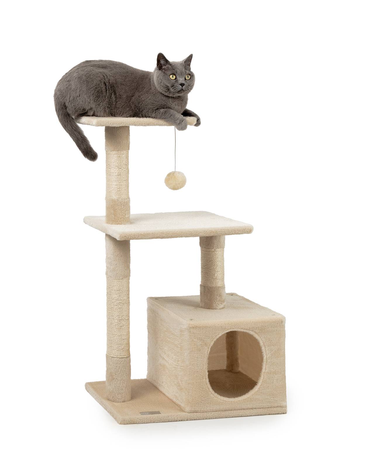 lionto Katzenkratzbaum, 85 cm kompakter Kratz- & Spielbaum mit Höhle, 2 Plateaus, Plüschball & Sisalstämmen, mit Wandhalterung, beige