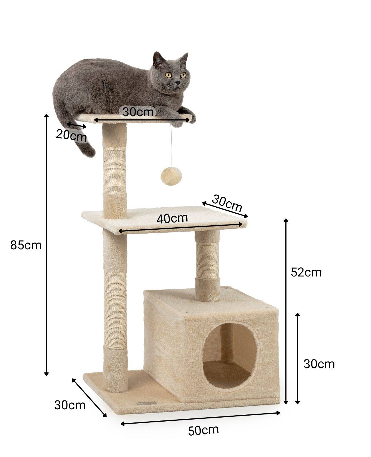 lionto Katzenkratzbaum, 85 cm kompakter Kratz- & Spielbaum mit Höhle, 2 Plateaus, Plüschball & Sisalstämmen, mit Wandhalterung, beige