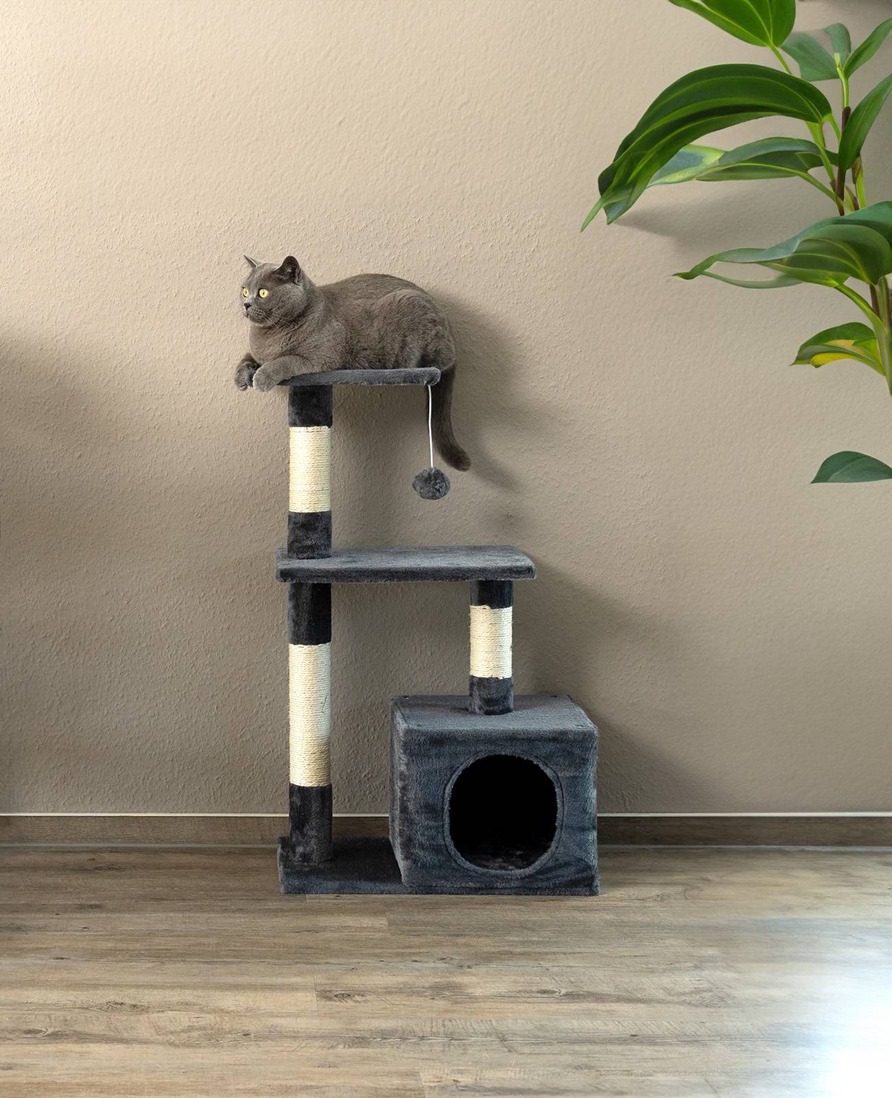 lionto Katzenkratzbaum, 85 cm kompakter Kratz- & Spielbaum mit Höhle, 2 Plateaus, Plüschball & Sisalstämmen, mit Wandhalterung, dunkelgrau