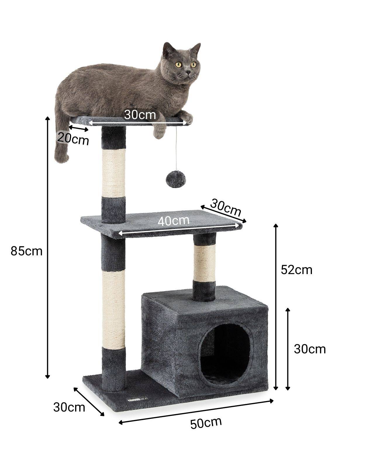 lionto Katzenkratzbaum, 85 cm kompakter Kratz- & Spielbaum mit Höhle, 2 Plateaus, Plüschball & Sisalstämmen, mit Wandhalterung, dunkelgrau