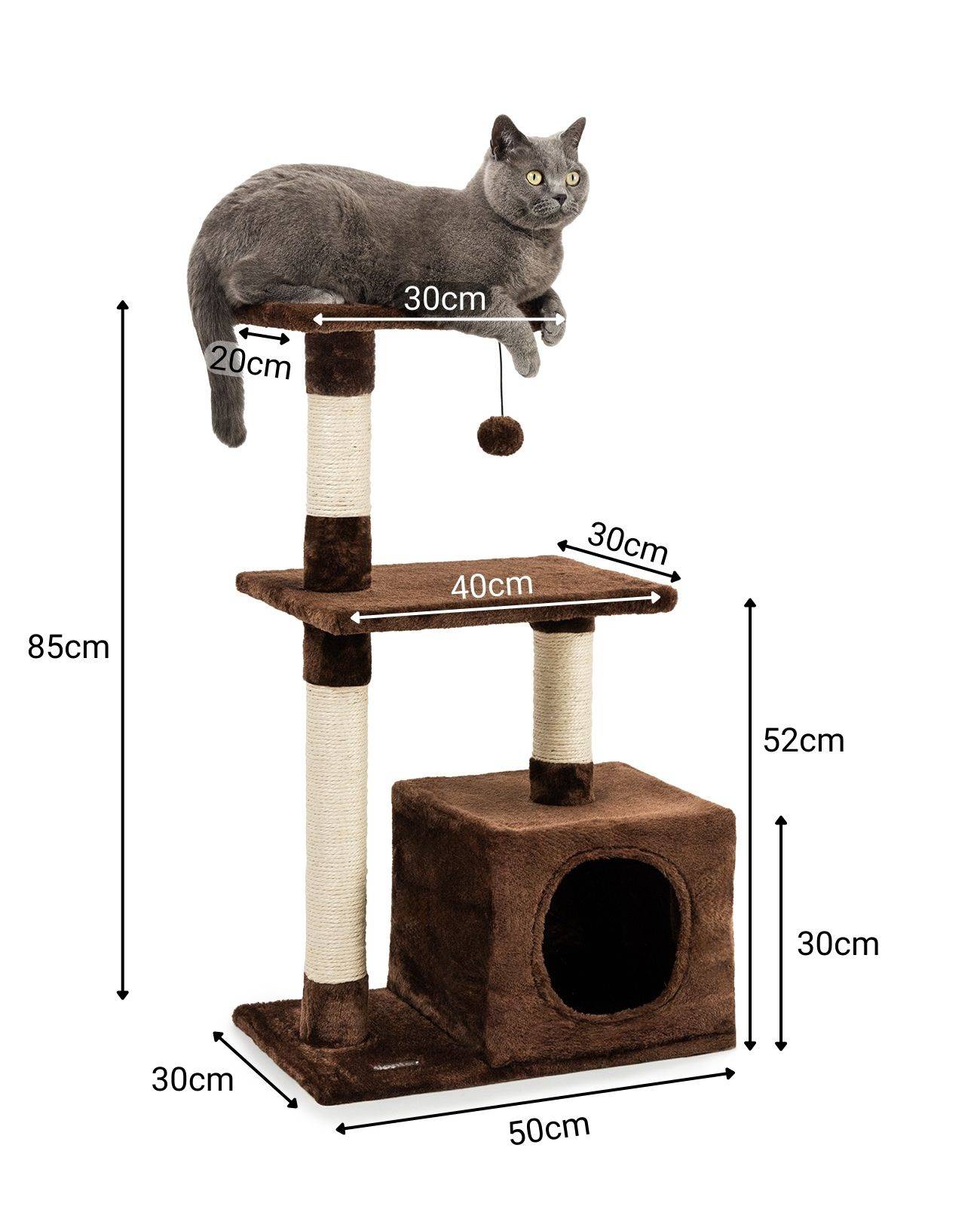 lionto Katzenkratzbaum, 85 cm kompakter Kratz- & Spielbaum mit Höhle, 2 Plateaus, Plüschball & Sisalstämmen, mit Wandhalterung, braun