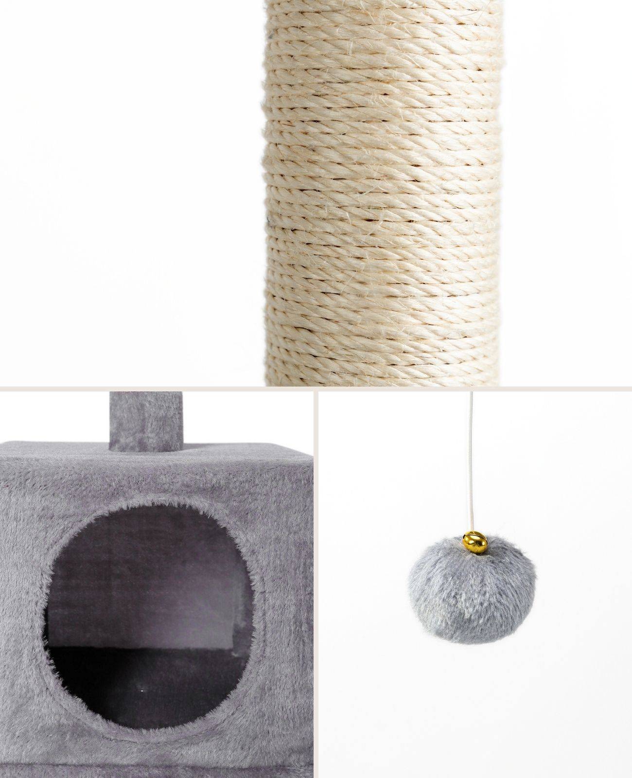 lionto Katzenkratzbaum, 85 cm kompakter Kratz- & Spielbaum mit Höhle, 2 Plateaus, Plüschball & Sisalstämmen, mit Wandhalterung, hellgrau