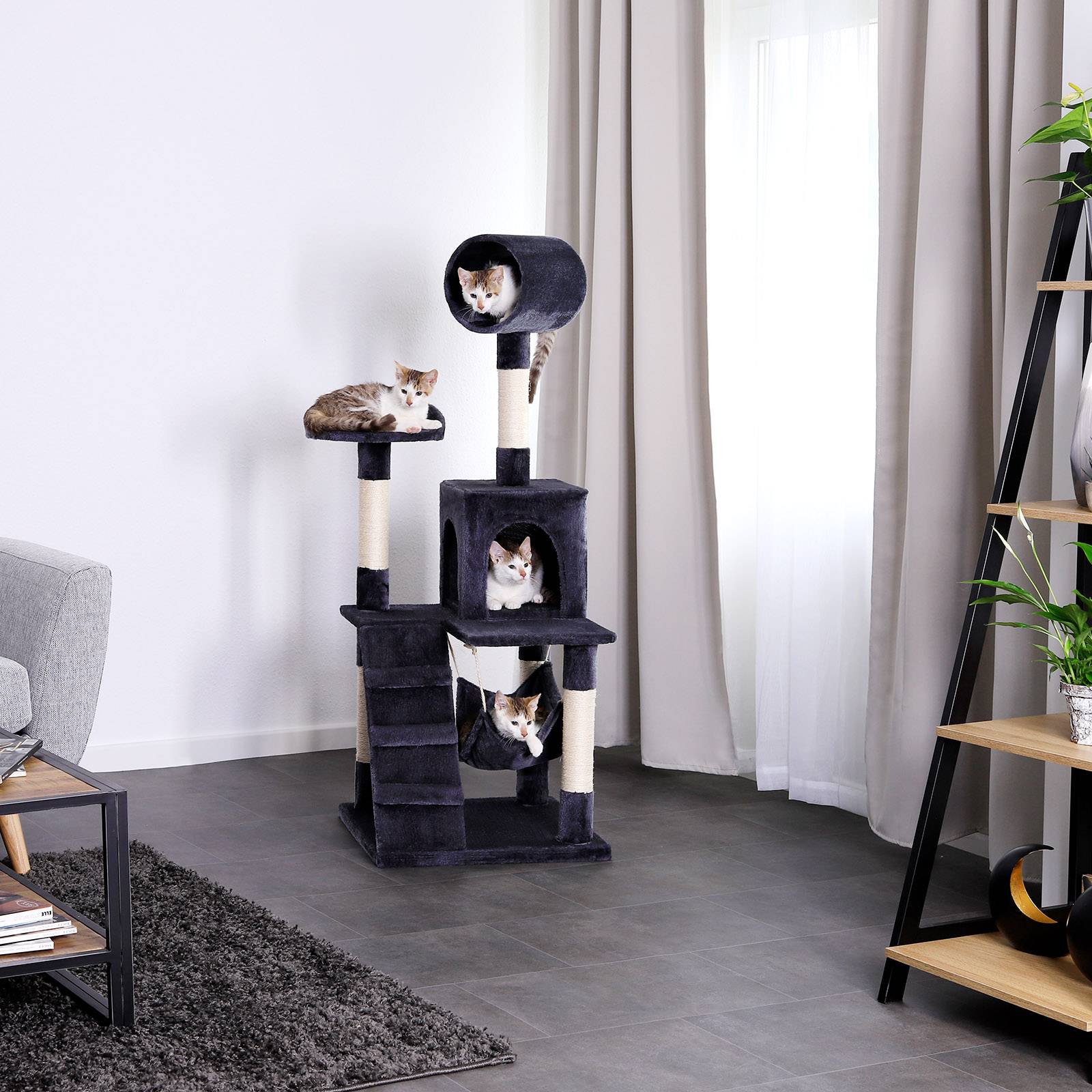 lionto Kratzbaum, stilvoller 133 cm Katzenbaum mit Plüschbezug, robusten Sisalstämmen & vielseitigen Liegeflächen, dunkelgrau