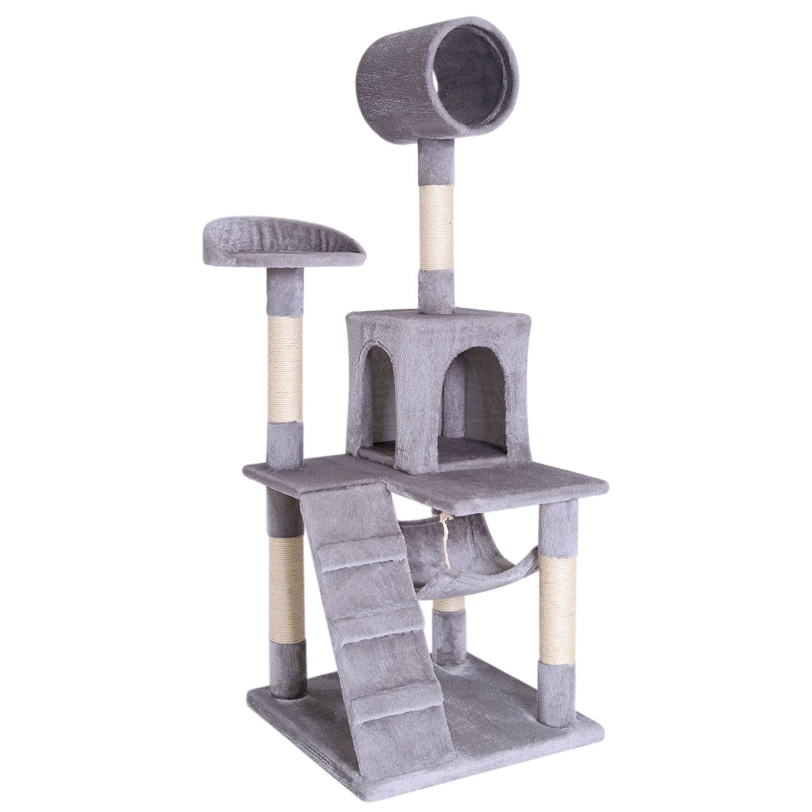 lionto Kratzbaum, stilvoller 133 cm Katzenbaum mit Plüschbezug, robusten Sisalstämmen & vielseitigen Liegeflächen, hellgrau