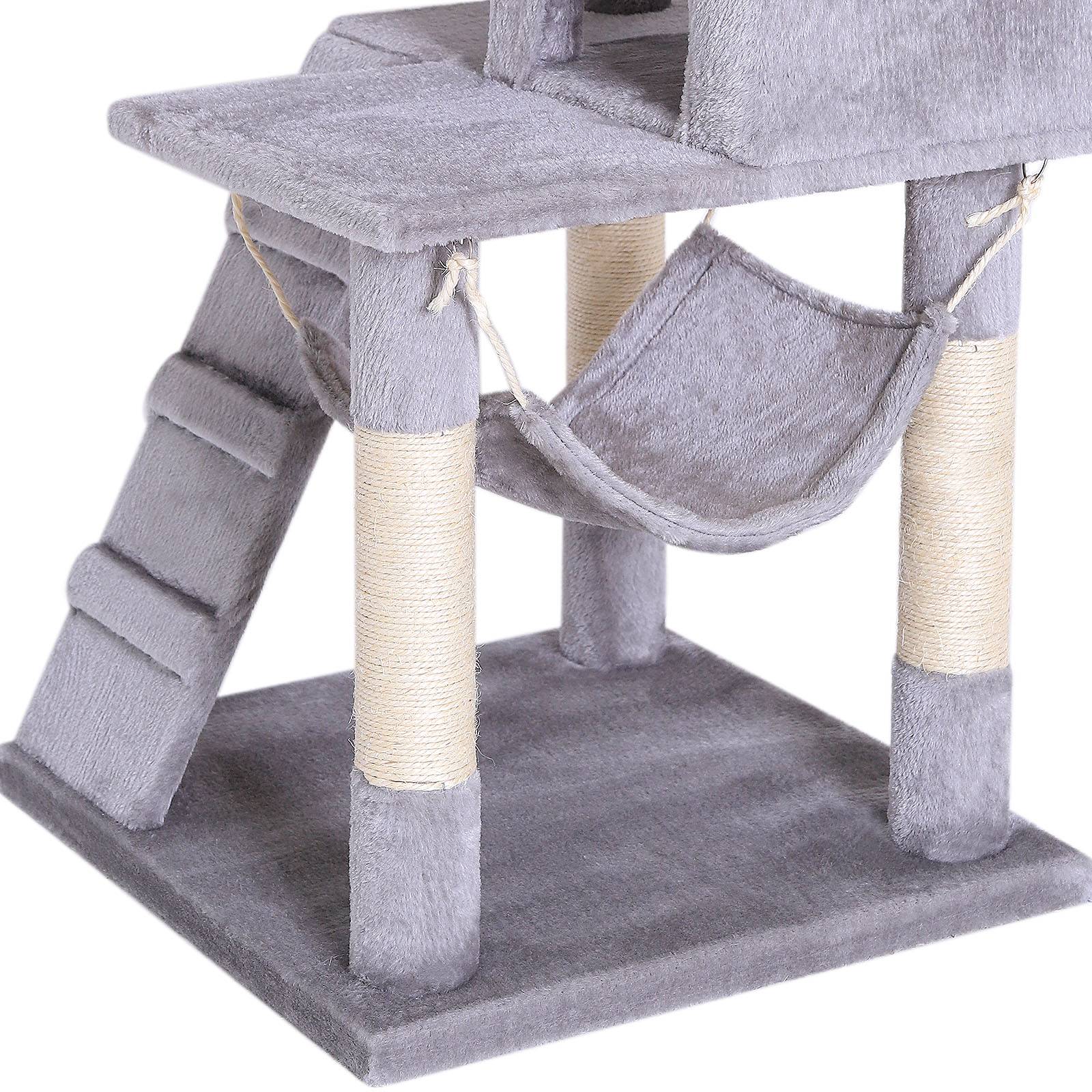 lionto Kratzbaum, stilvoller 133 cm Katzenbaum mit Plüschbezug, robusten Sisalstämmen & vielseitigen Liegeflächen, hellgrau