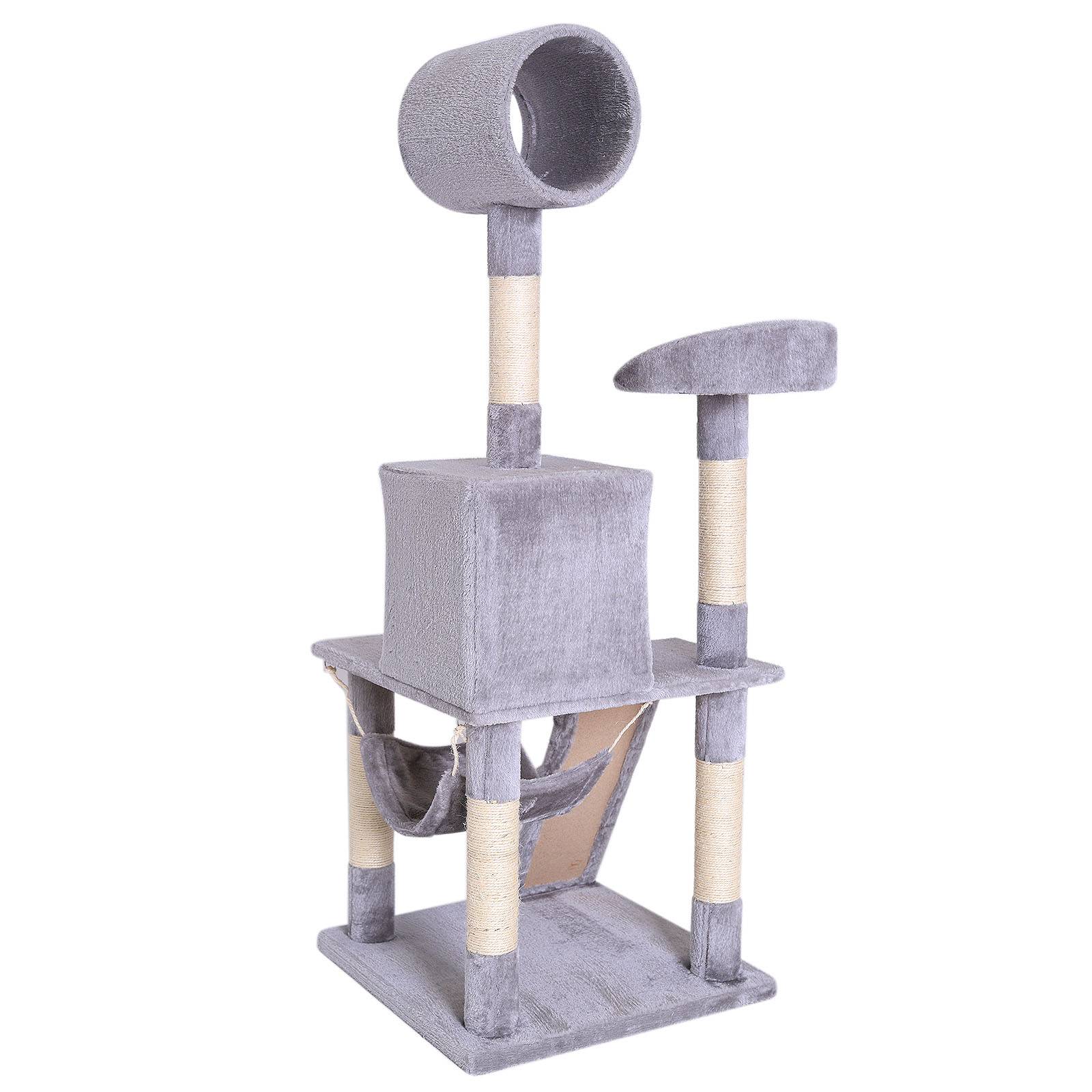 lionto Kratzbaum, stilvoller 133 cm Katzenbaum mit Plüschbezug, robusten Sisalstämmen & vielseitigen Liegeflächen, hellgrau