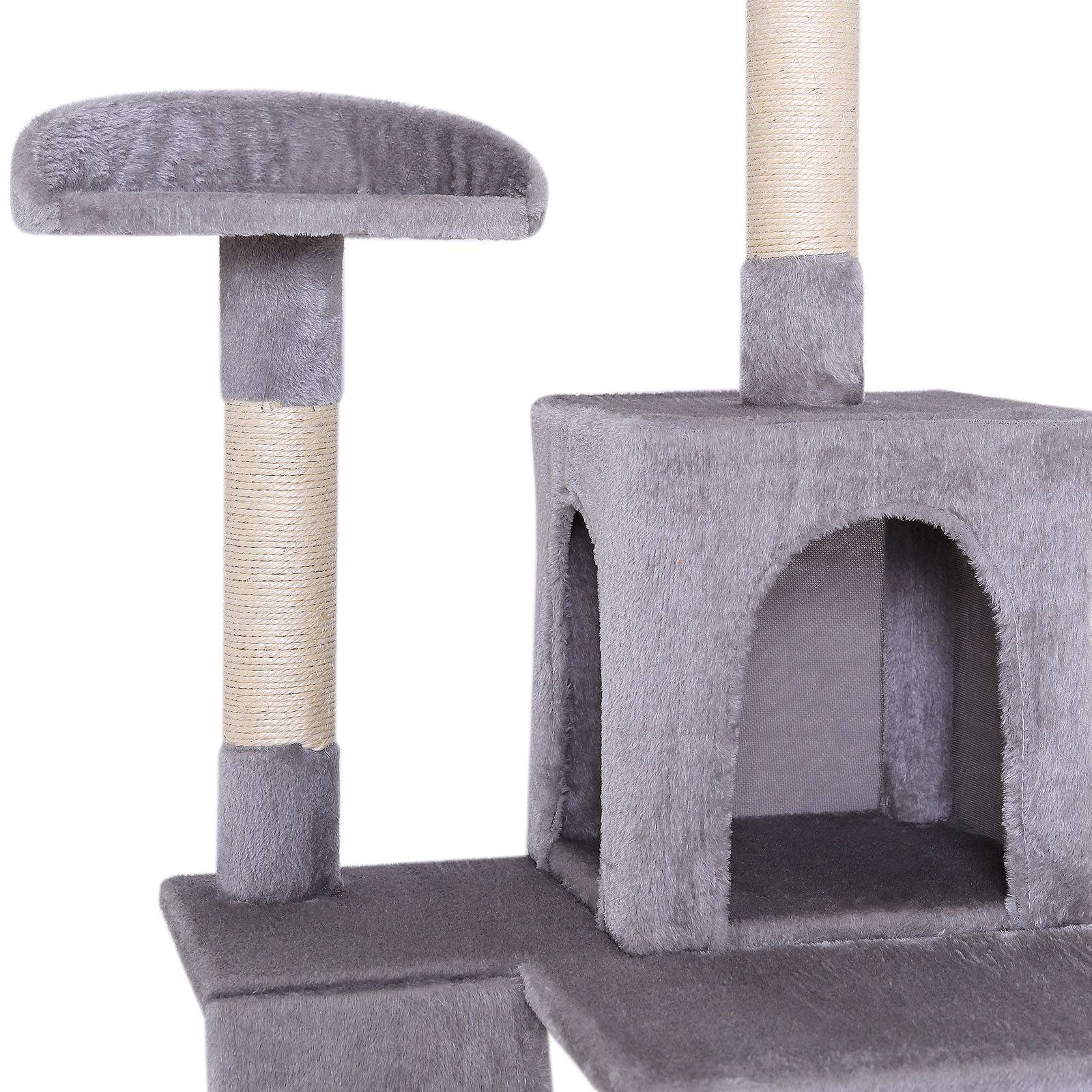 lionto Kratzbaum, stilvoller 133 cm Katzenbaum mit Plüschbezug, robusten Sisalstämmen & vielseitigen Liegeflächen, hellgrau