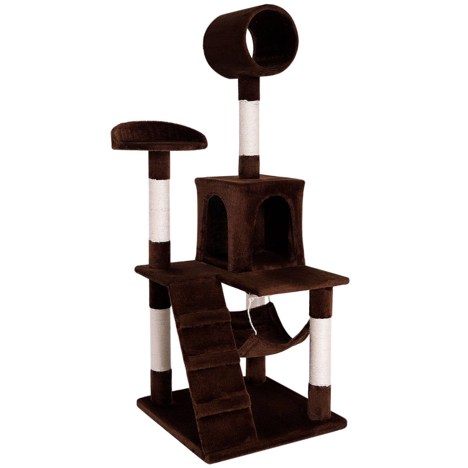 lionto Kratzbaum, stilvoller 133 cm Katzenbaum mit Plüschbezug, robusten Sisalstämmen & vielseitigen Liegeflächen, braun