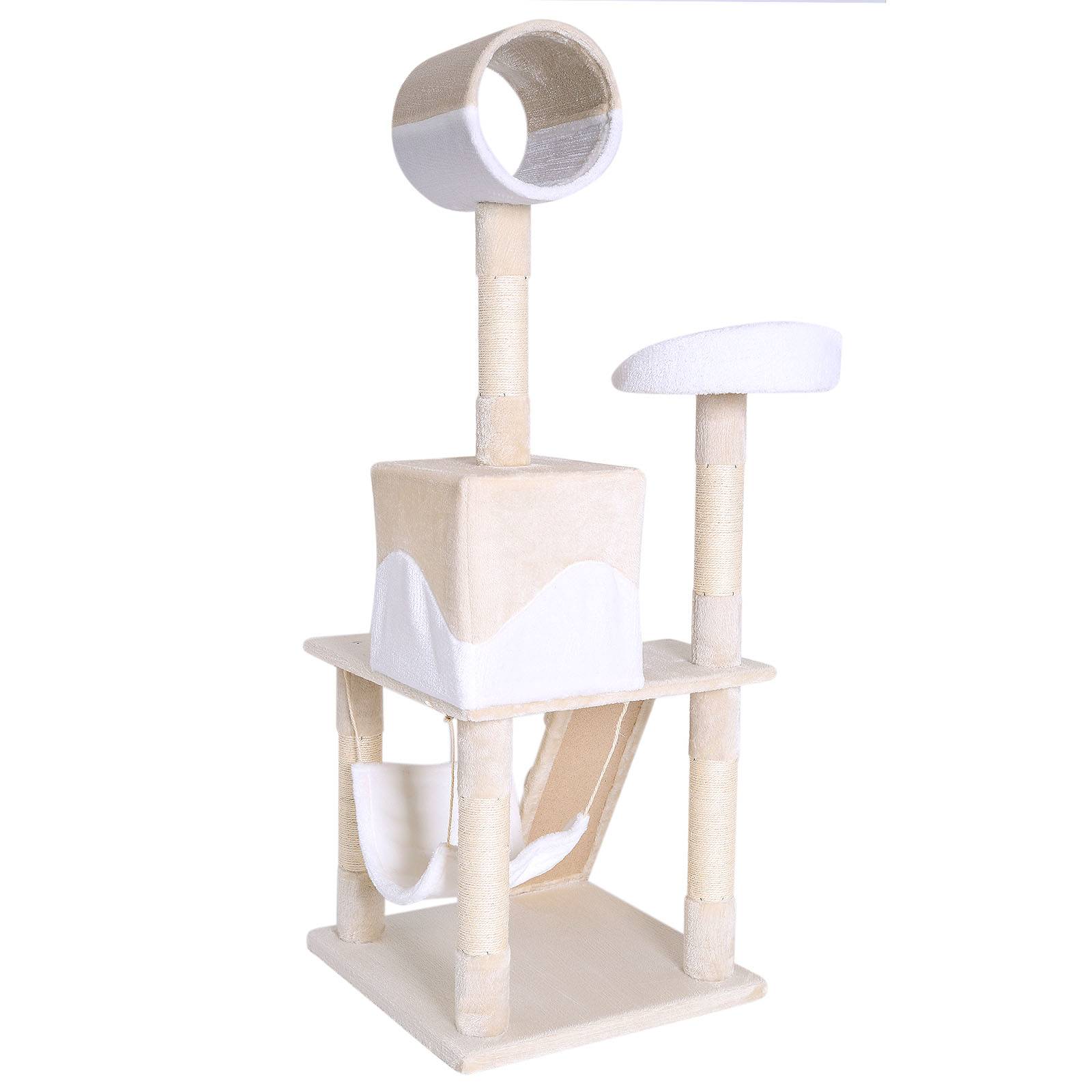 lionto Kratzbaum, stilvoller 133 cm Katzenbaum mit Plüschbezug, robusten Sisalstämmen & vielseitigen Liegeflächen, beige/weiß