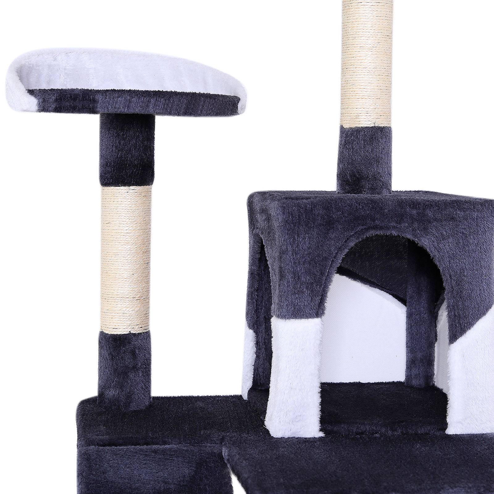 lionto Kratzbaum, stilvoller 133 cm Katzenbaum mit Plüschbezug, robusten Sisalstämmen & vielseitigen Liegeflächen, grau/weiß