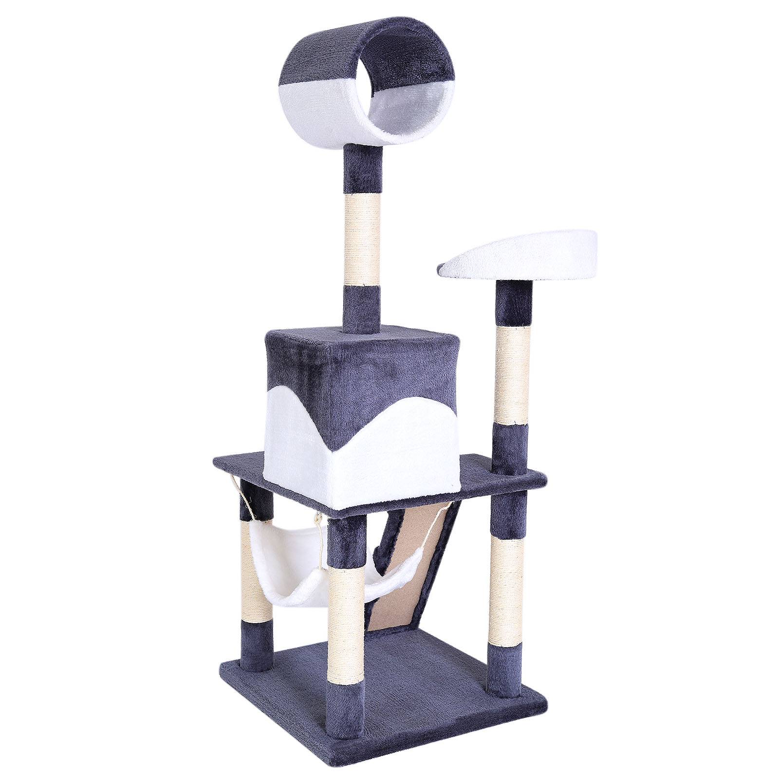 lionto Kratzbaum, stilvoller 133 cm Katzenbaum mit Plüschbezug, robusten Sisalstämmen & vielseitigen Liegeflächen, grau/weiß