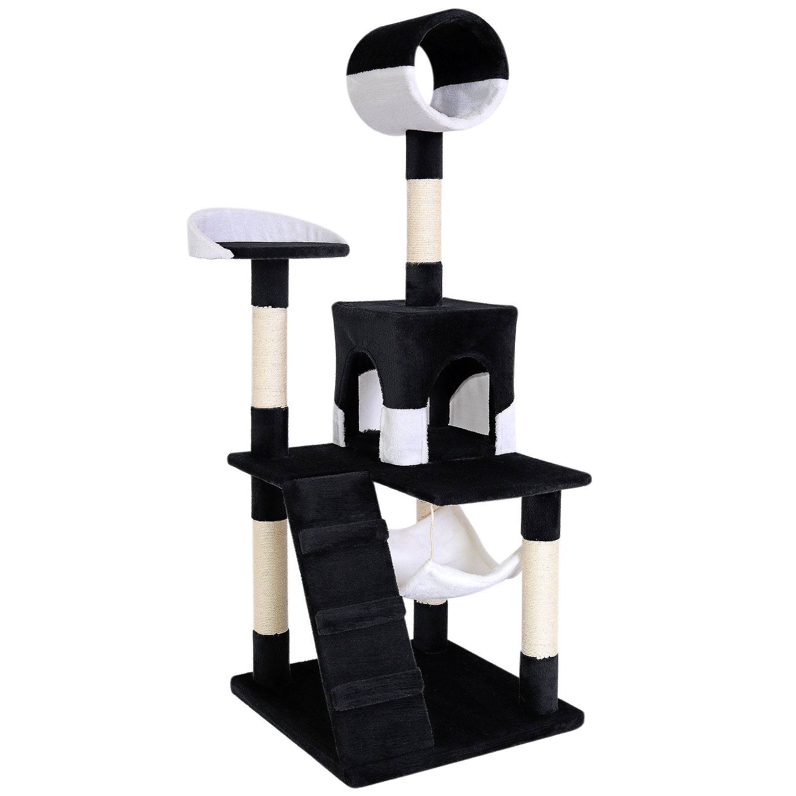 lionto Kratzbaum, stilvoller 133 cm Katzenbaum mit Plüschbezug, robusten Sisalstämmen & vielseitigen Liegeflächen, schwarz/weiß