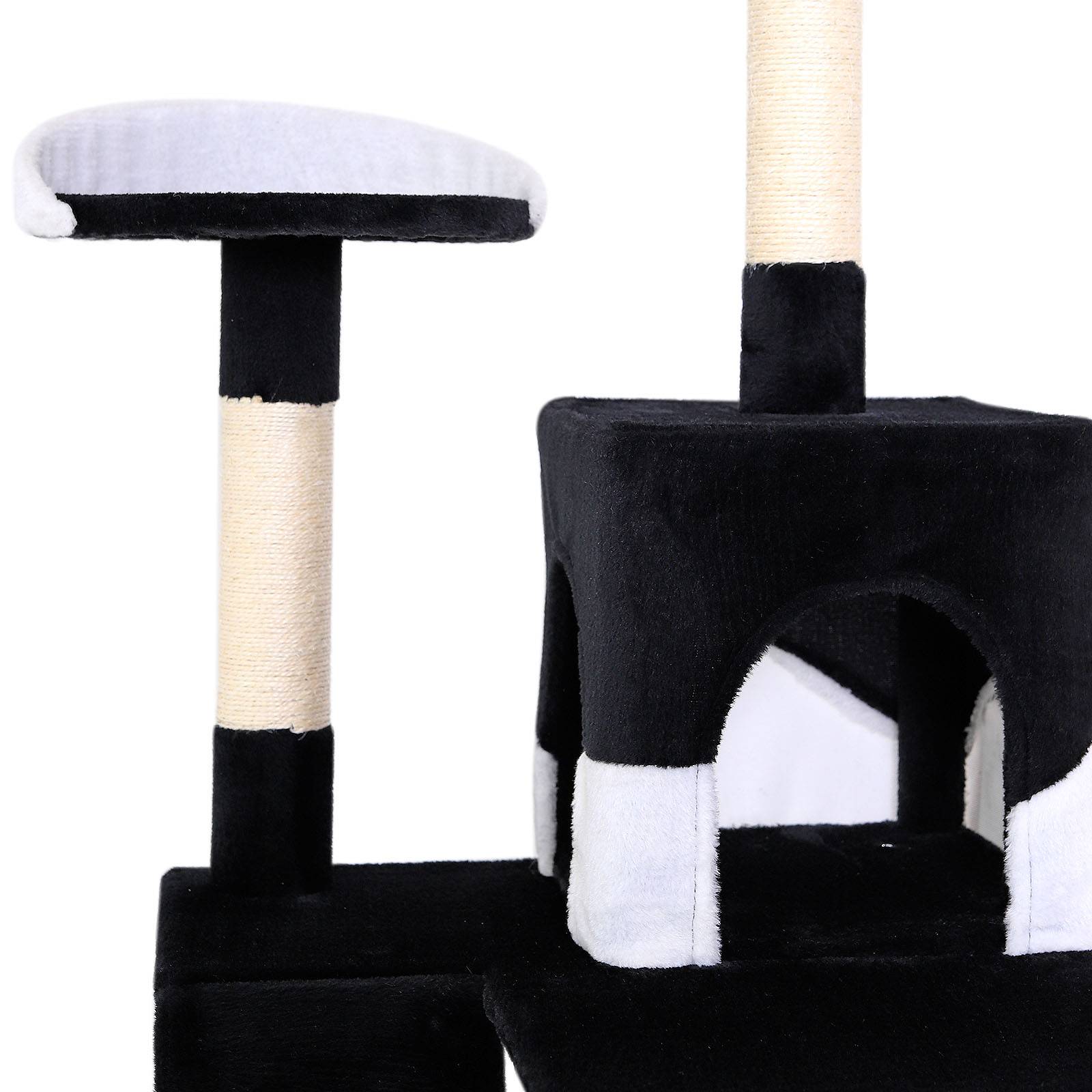 lionto Kratzbaum, stilvoller 133 cm Katzenbaum mit Plüschbezug, robusten Sisalstämmen & vielseitigen Liegeflächen, schwarz/weiß