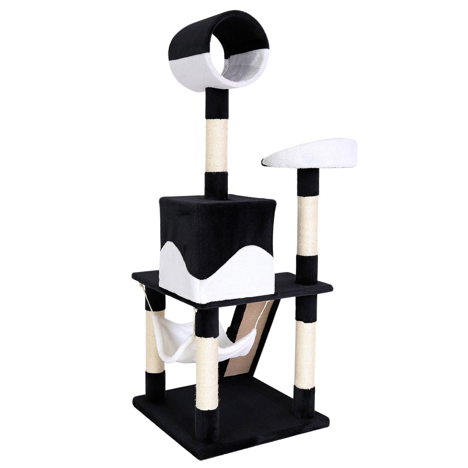 lionto Kratzbaum, stilvoller 133 cm Katzenbaum mit Plüschbezug, robusten Sisalstämmen & vielseitigen Liegeflächen, schwarz/weiß