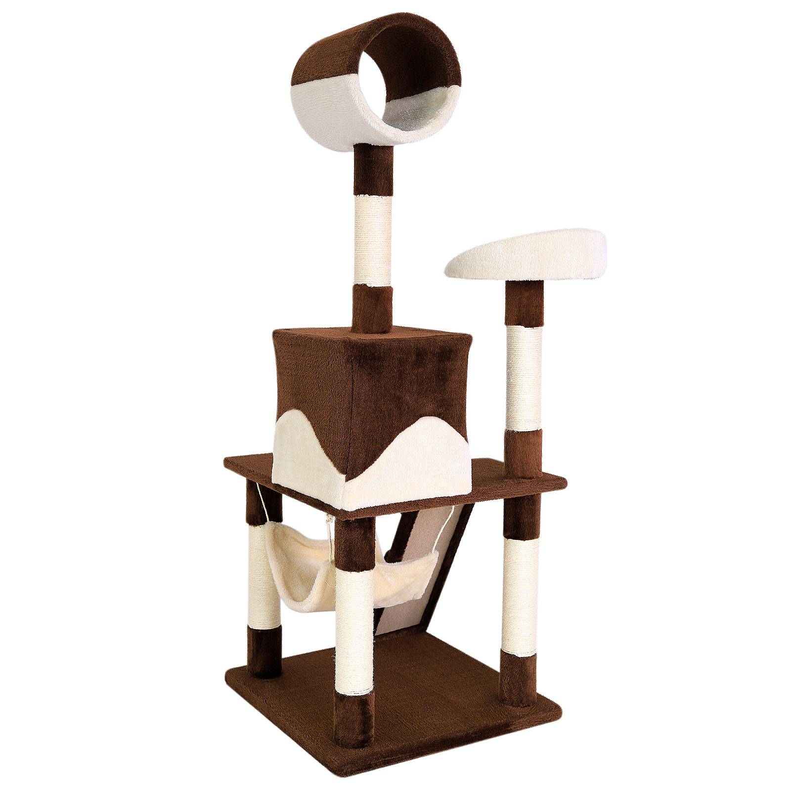 lionto Kratzbaum, stilvoller 133 cm Katzenbaum mit Plüschbezug, robusten Sisalstämmen & vielseitigen Liegeflächen, braun/beige