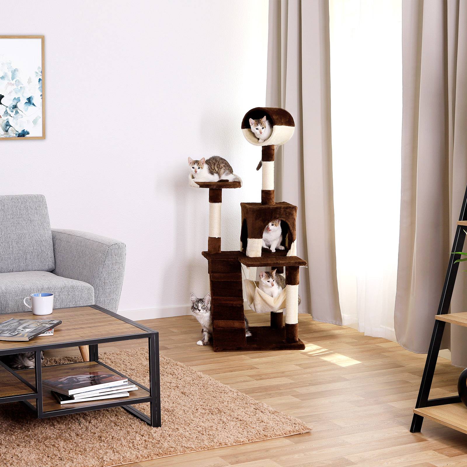 lionto Kratzbaum, stilvoller 133 cm Katzenbaum mit Plüschbezug, robusten Sisalstämmen & vielseitigen Liegeflächen, braun/beige