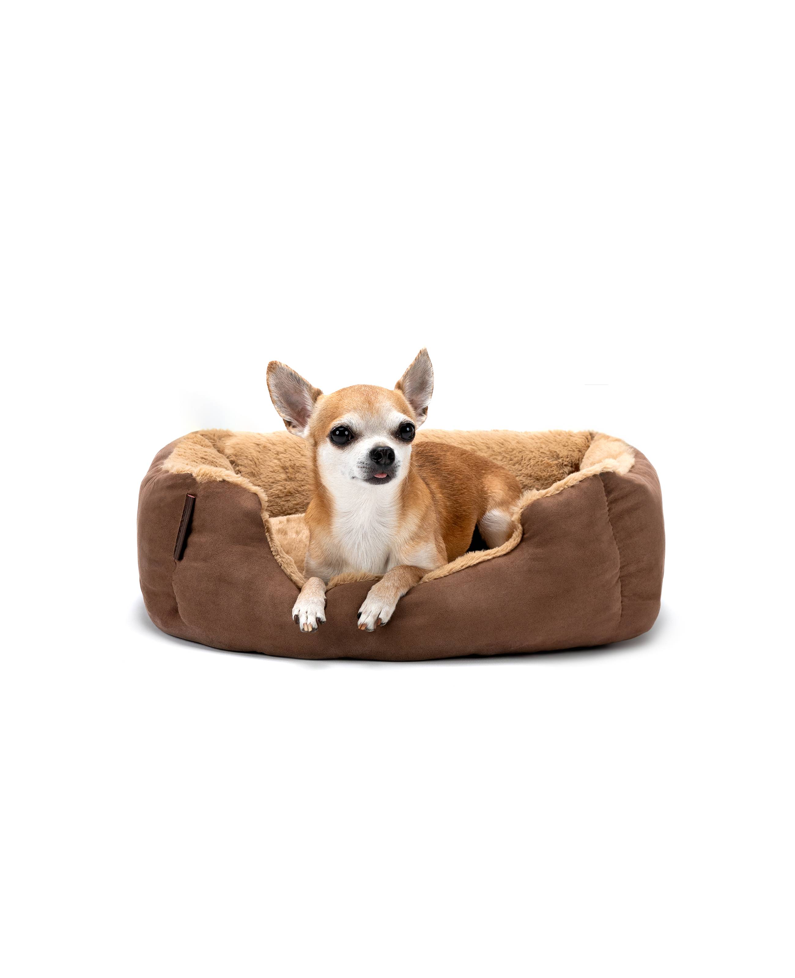 lionto Hundebett, weiches Kuschelbett mit herausnehmbarem Wendekissen & Anti-Rutsch-Boden, 50x37 cm, braun/beige