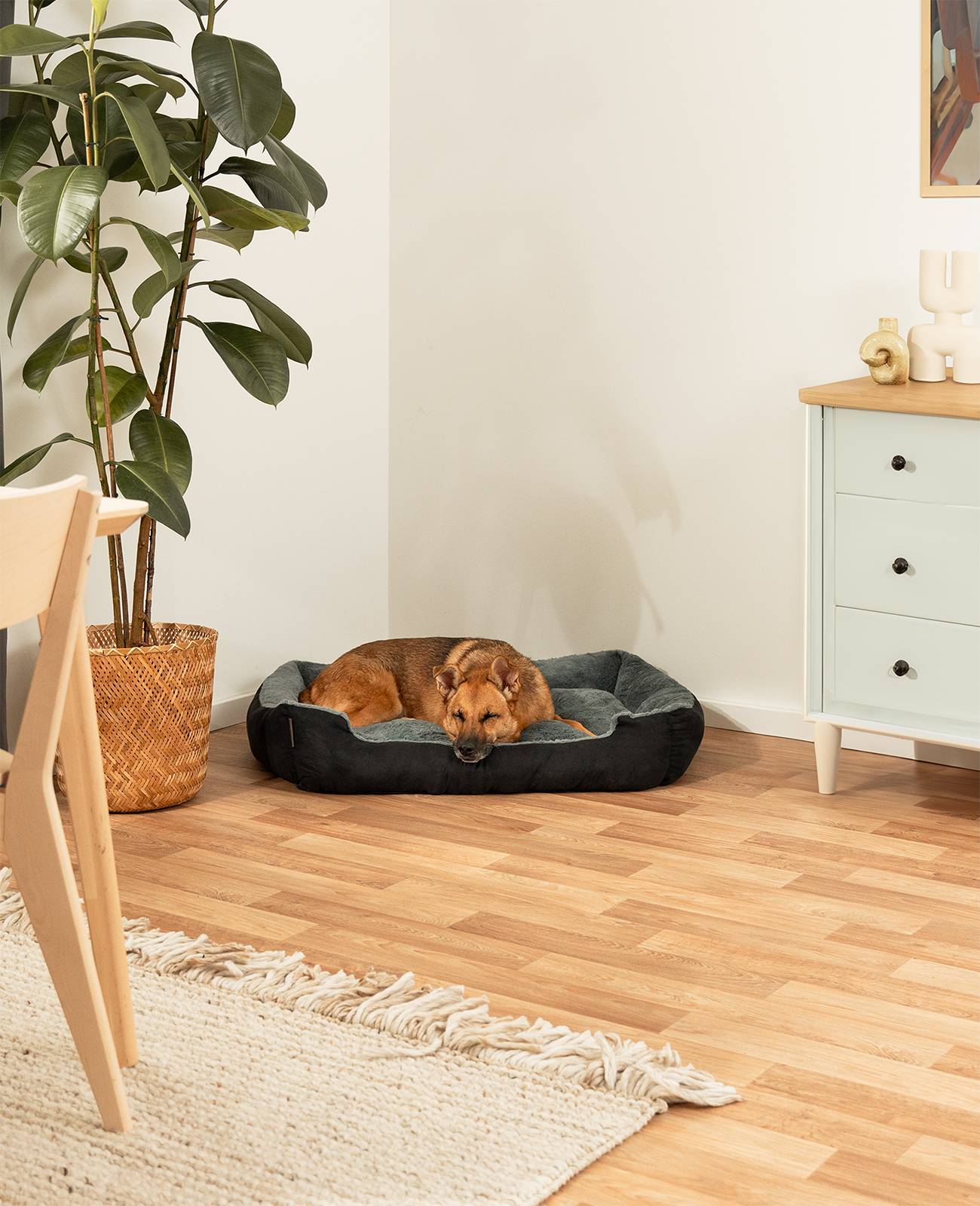 lionto Hundebett, weiches Kuschelbett mit herausnehmbarem Wendekissen & Anti-Rutsch-Boden, 90x70 cm, schwarz/grau