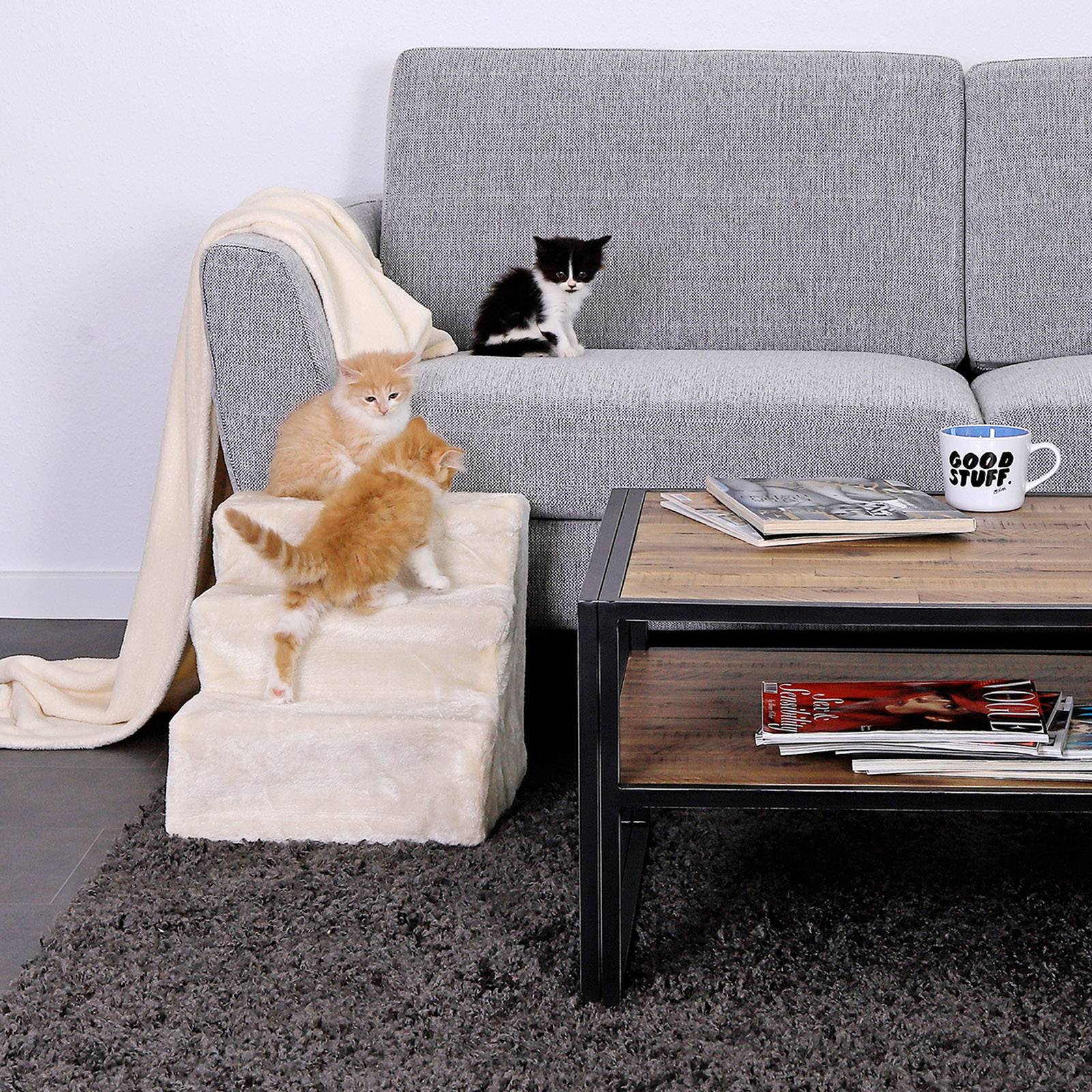 lionto Hundetreppe, weich gepolstert & gelenkschonend, rutschfest & stabil, mit abnehmbarem Plüschbezug, 46x36x34 cm, beige